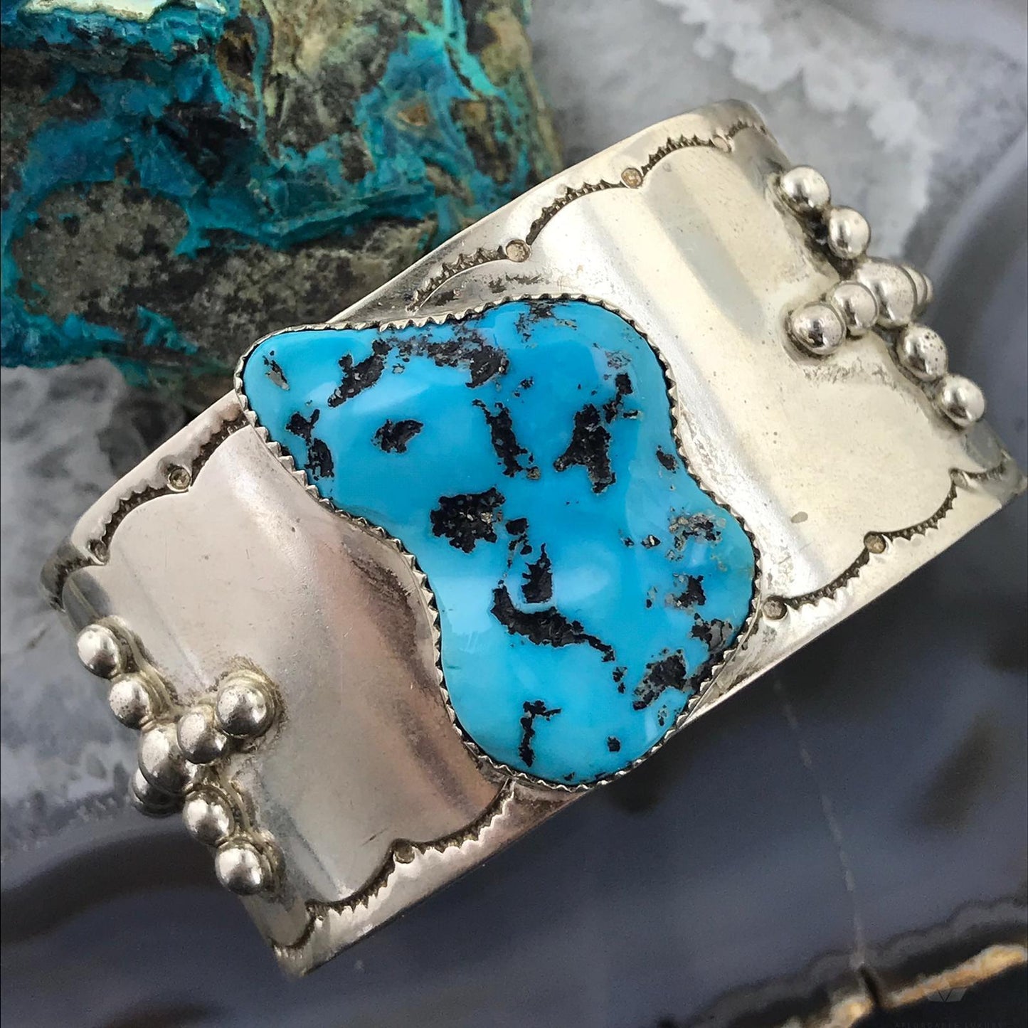 D.D Baca Native American Sterling Silver Heavy Chunky Turquoise Bracelet