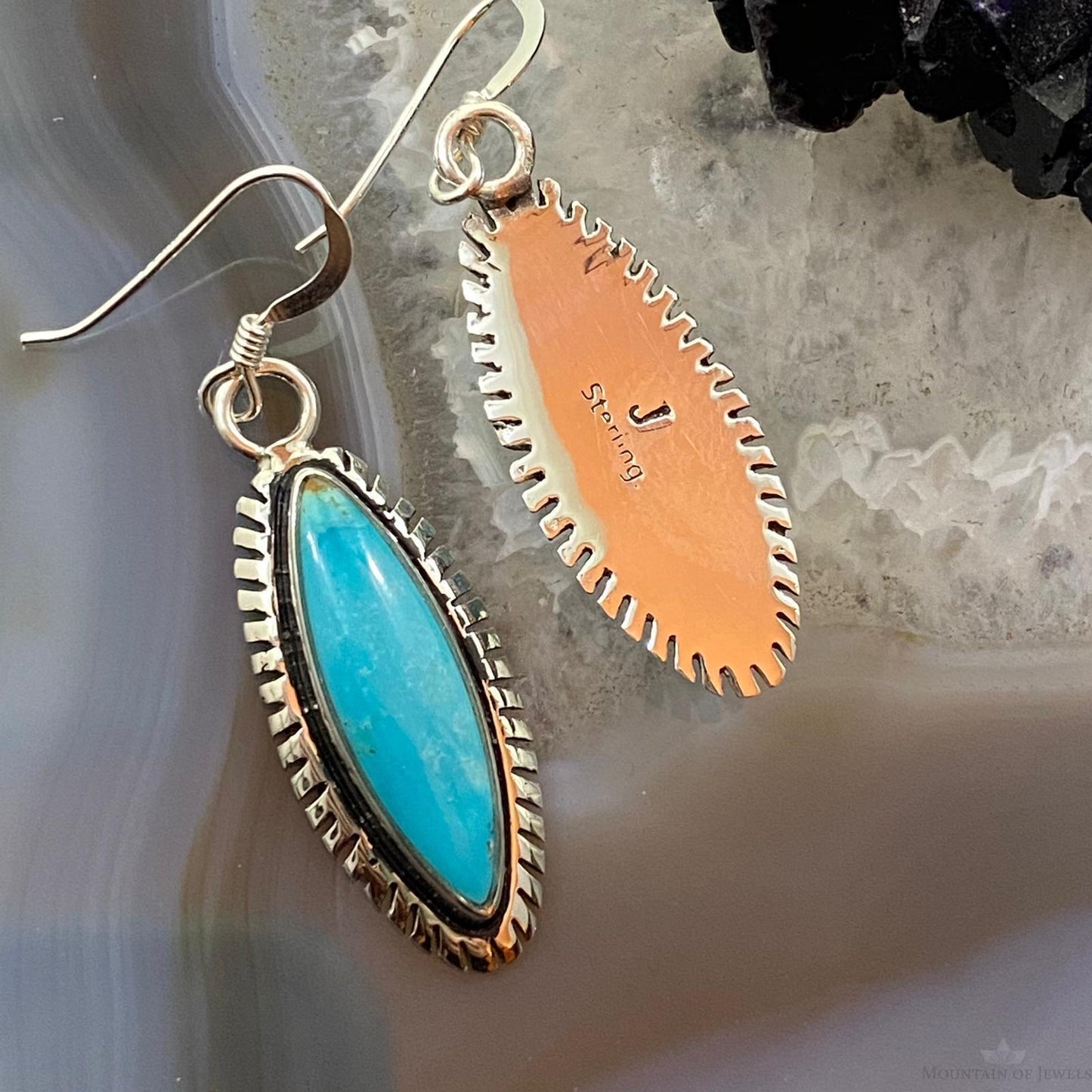 Native American Sterling Silver Marquise Blue Ridge Turquoise Dangle Earrings