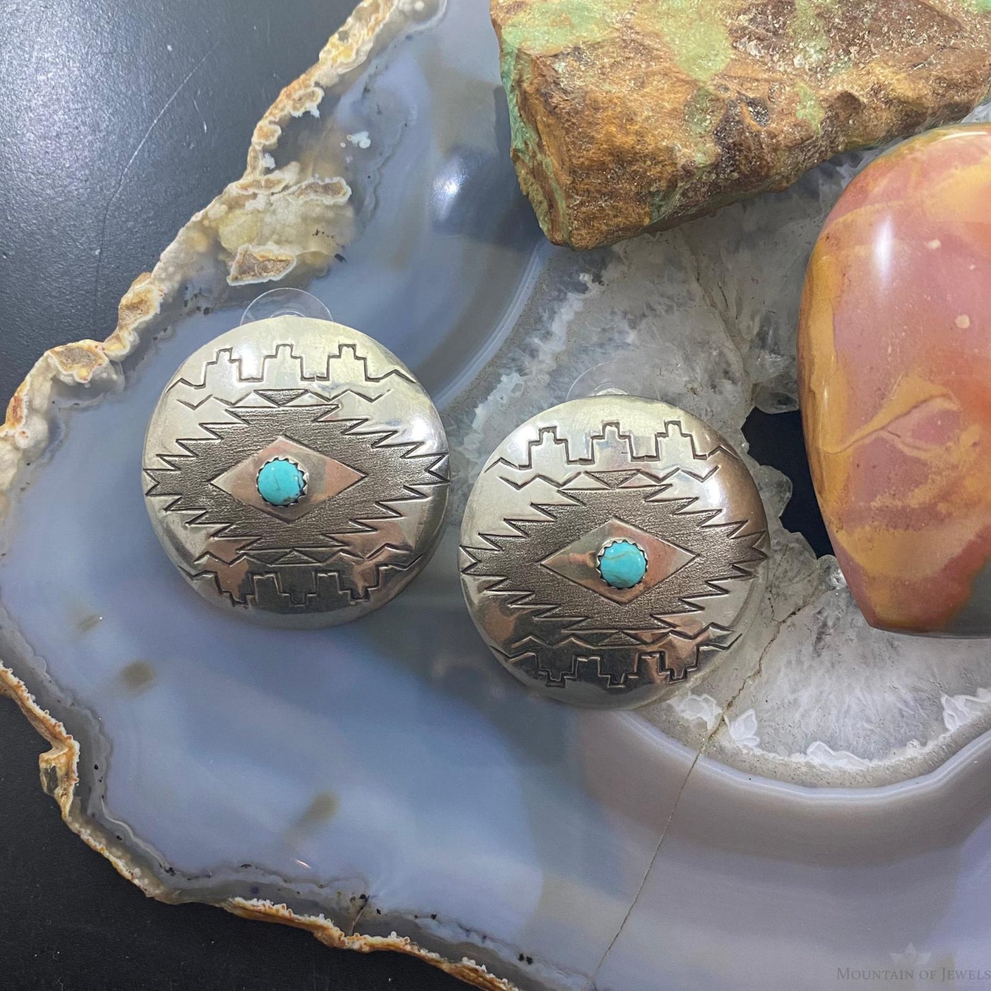 Vintage Native American Sterling Stamped Round Turquoise Stud Earrings For Women
