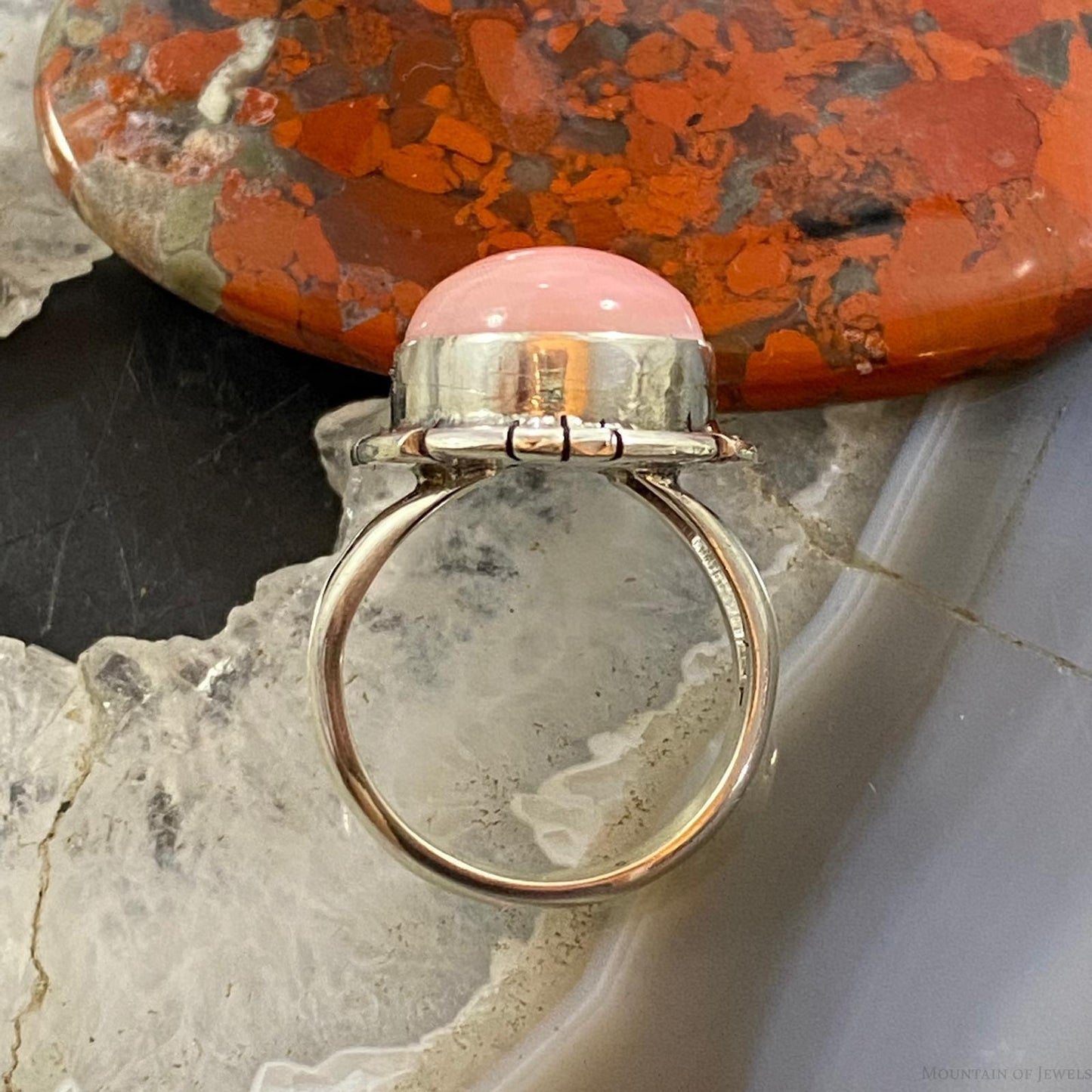 Samson Edsitty Native American Sterling Silver Oval Pink Conch Ring Size 7.5
