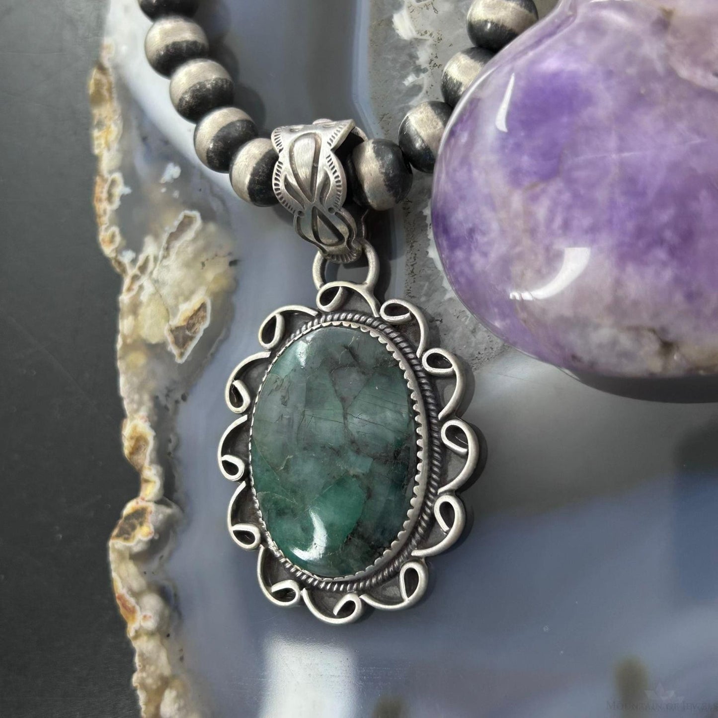 Sterling Silver Southwestern Style Oval Dark Emerald Decorated Pendant For Women