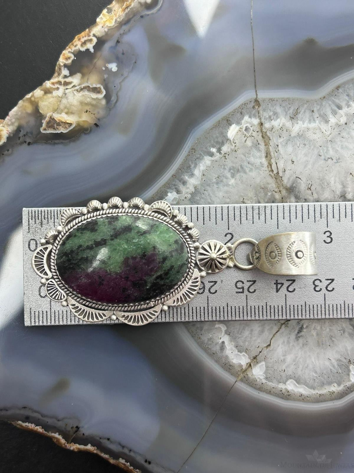 Sterling Silver Southwestern Style Oval Ruby Zoisite Decorated Pendant For Women