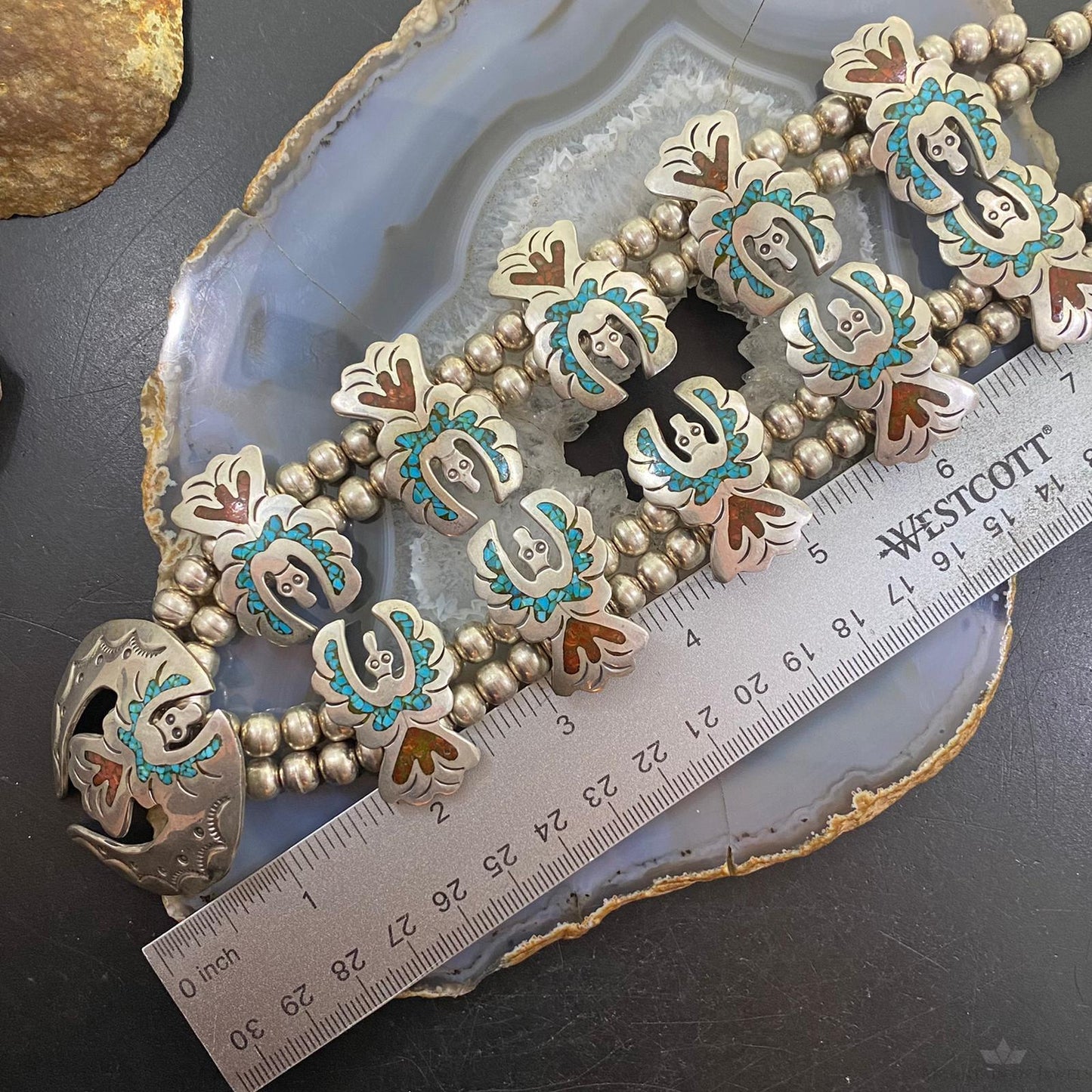 Vintage Native American Silver Chip Inlay Thunderbird Squash Blossom Necklace