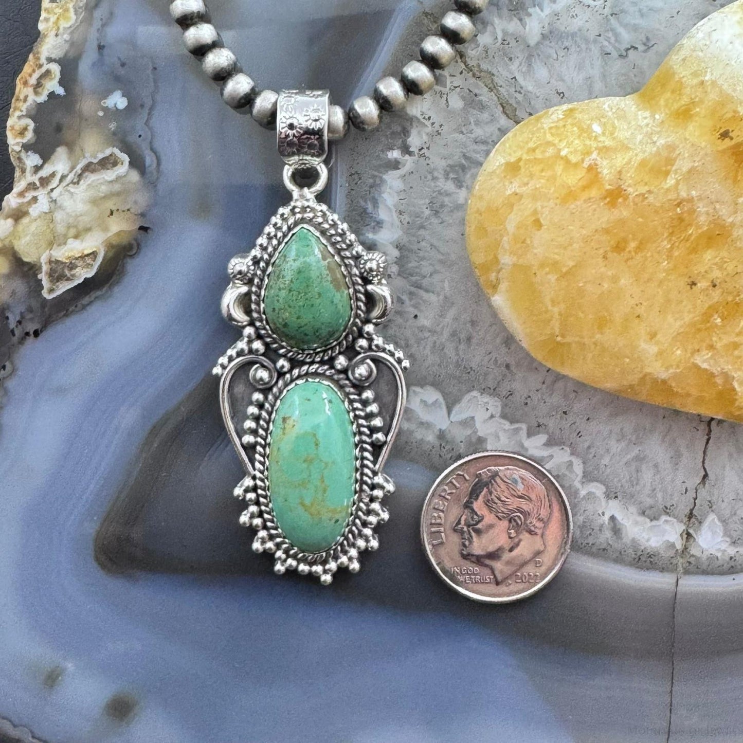 Sterling Silver Southwestern Style 2 Green Turquoise Decorated Pendant For Women