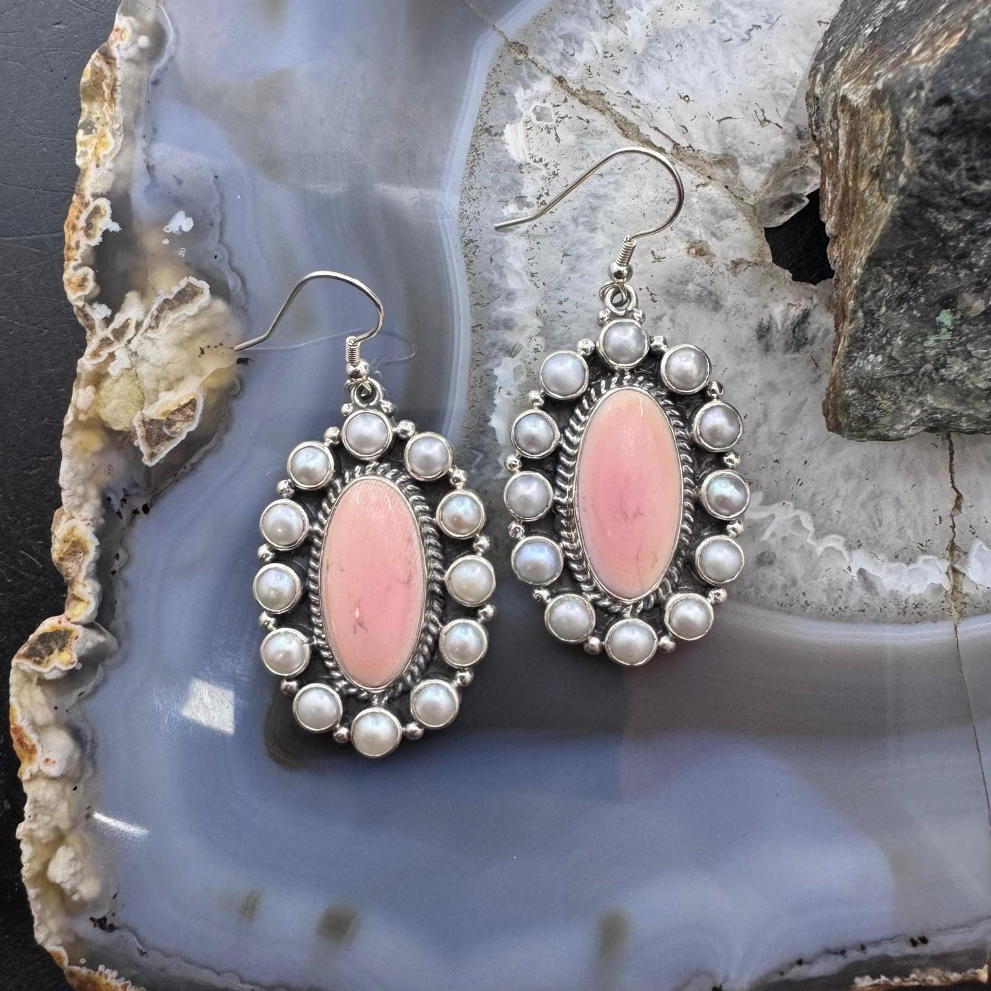 Native American Sterling Silver Oval Pink Conch w/Gray Pearls Dangle Earrings For Women