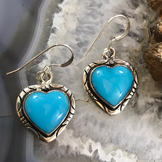 Native American Sterling Silver Small Heart Shaped Turquoise Dangle Earrings For Women