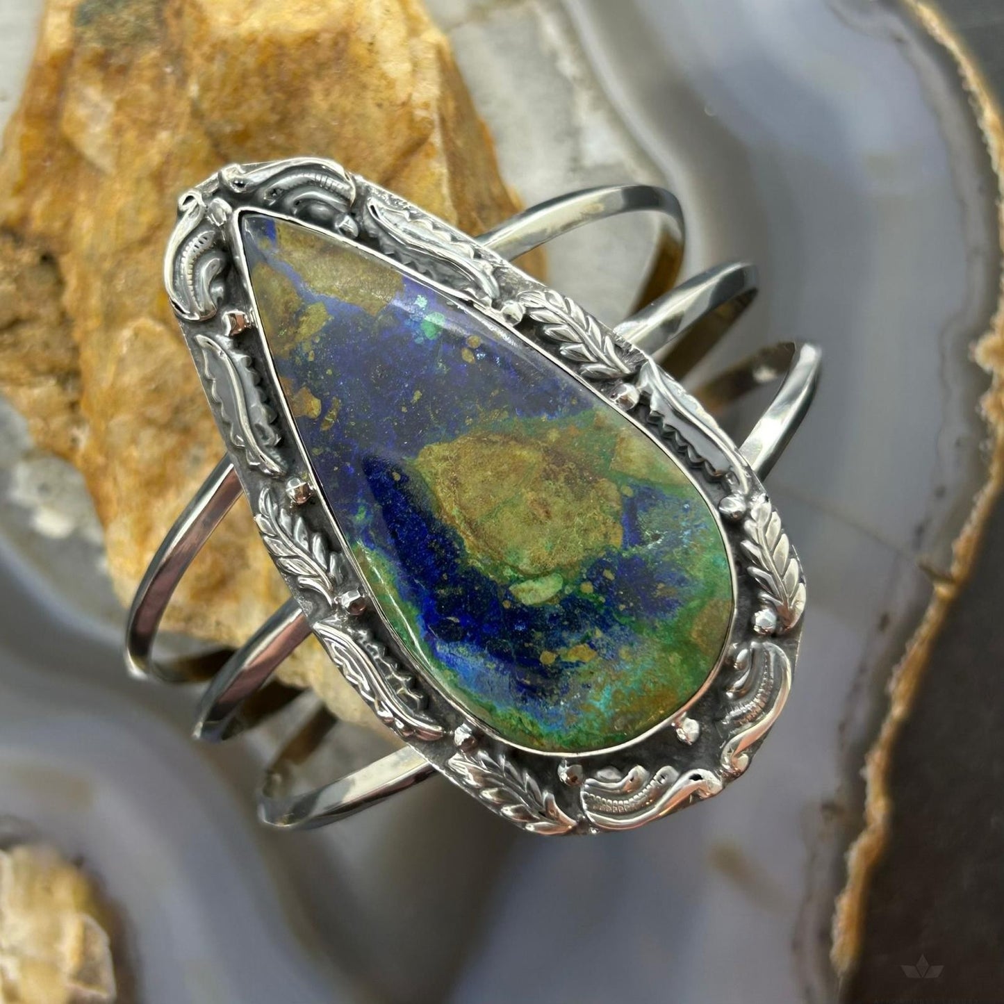 Sterling Silver Southwestern Style Large Teardrop Azurite Malachite Bracelet For Women