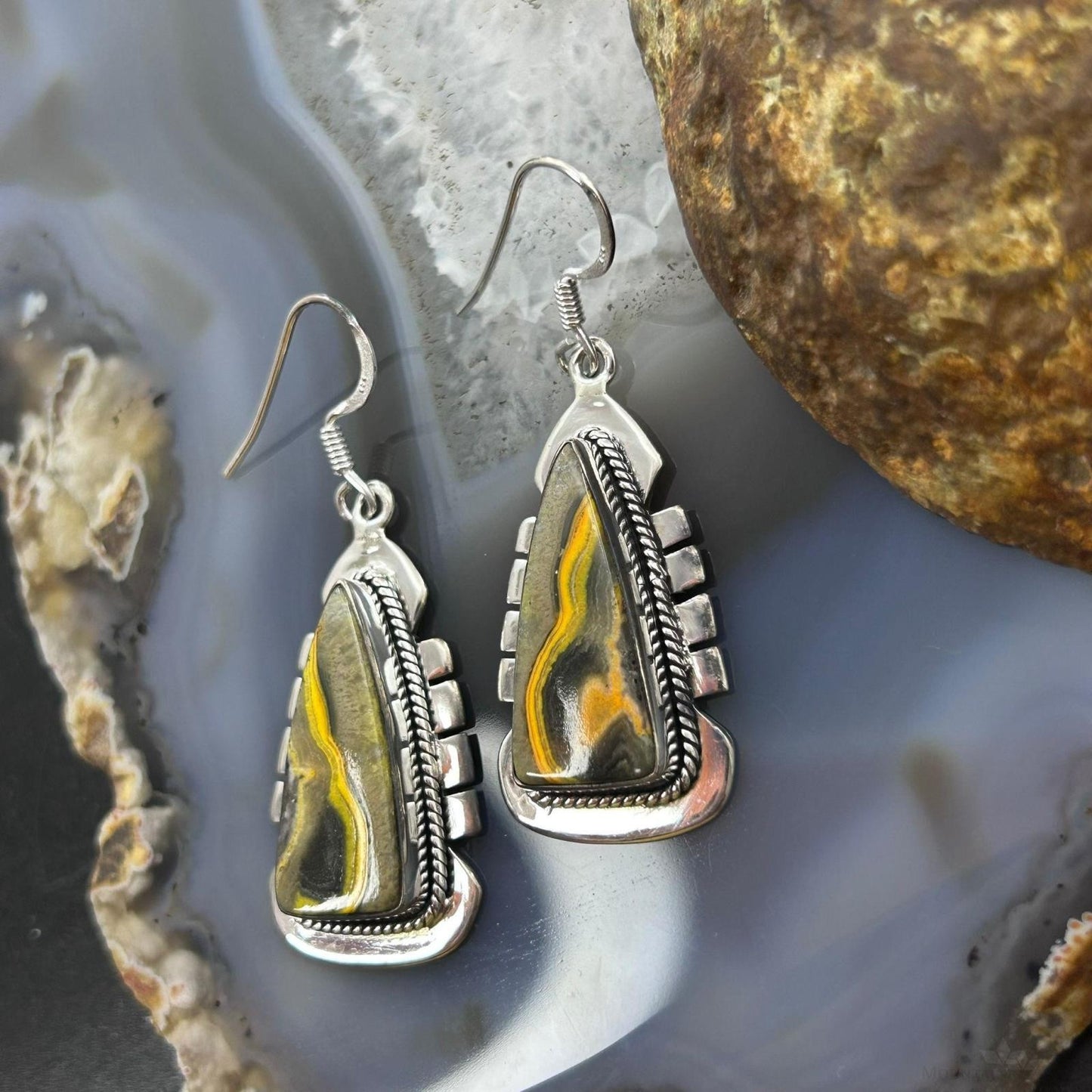 Sterling Silver Southwestern Style Triangle Yellow Jasper Dangle Earrings For Women