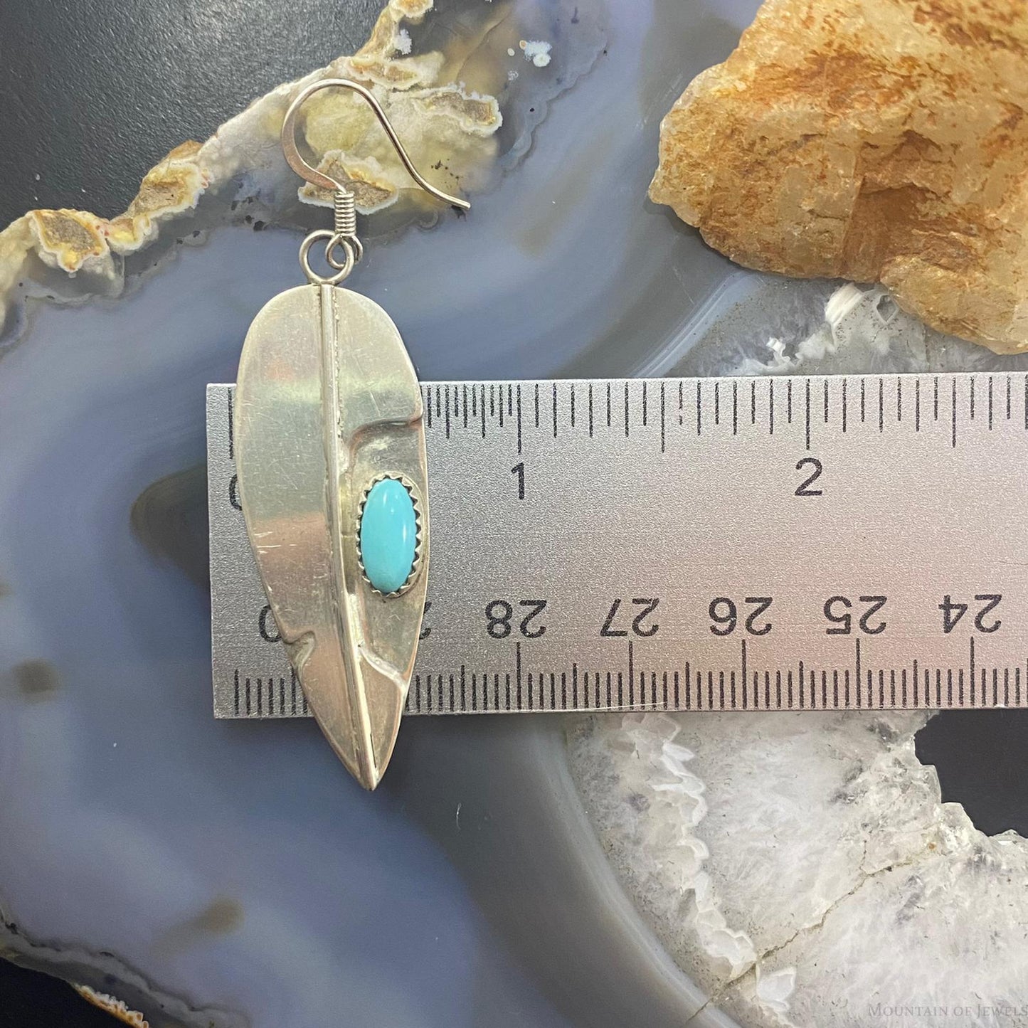 Signed Native American Sterling Silver Leaf Turquoise Dangle Earrings For Women