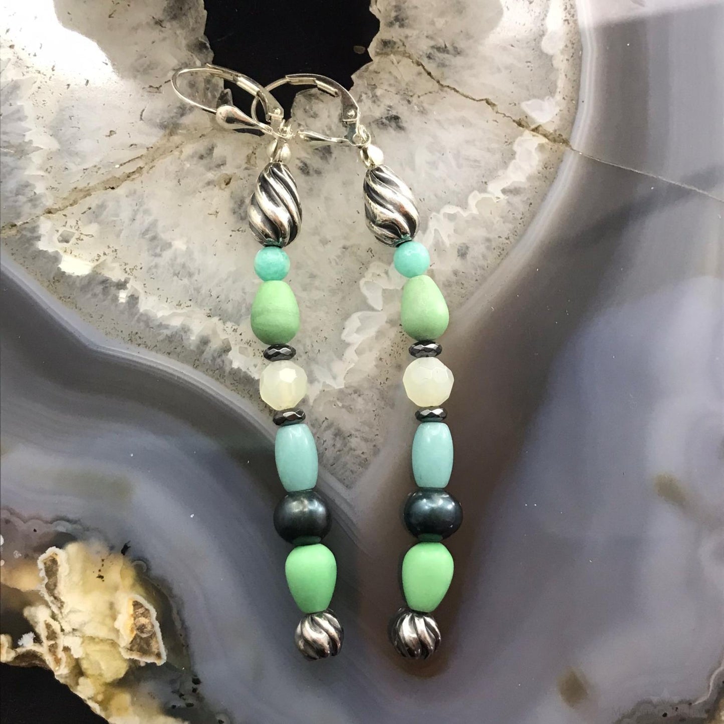Carolyn Pollack Sterling Silver Amazonite, Variscite, Quartz & Pearl Dangle Earrings For Women