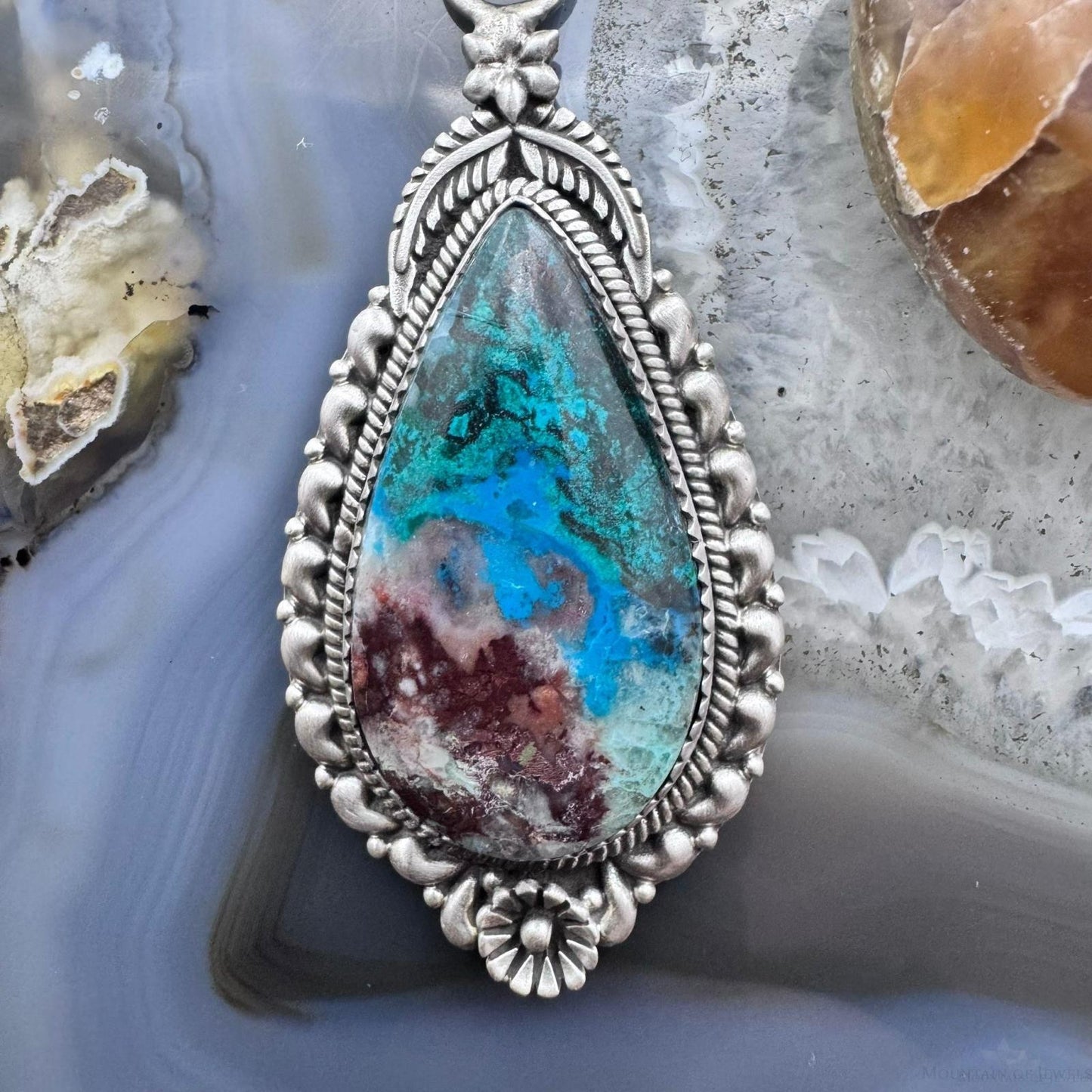 Sterling Silver Southwestern Style Elongated Teardrop Shattuckite Pendant For Women