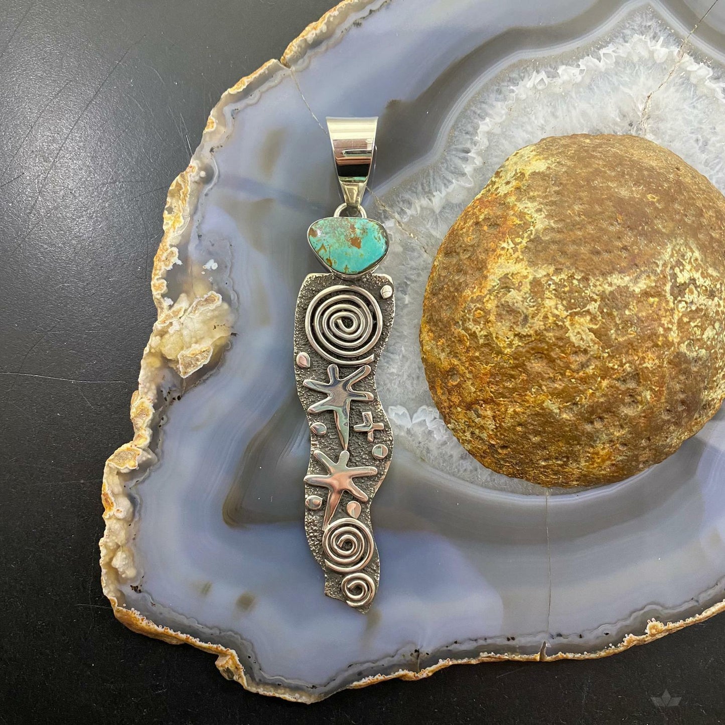 Alex Sanchez Sterling Silver Petroglyph & Turquoise Long Unisex Pendant