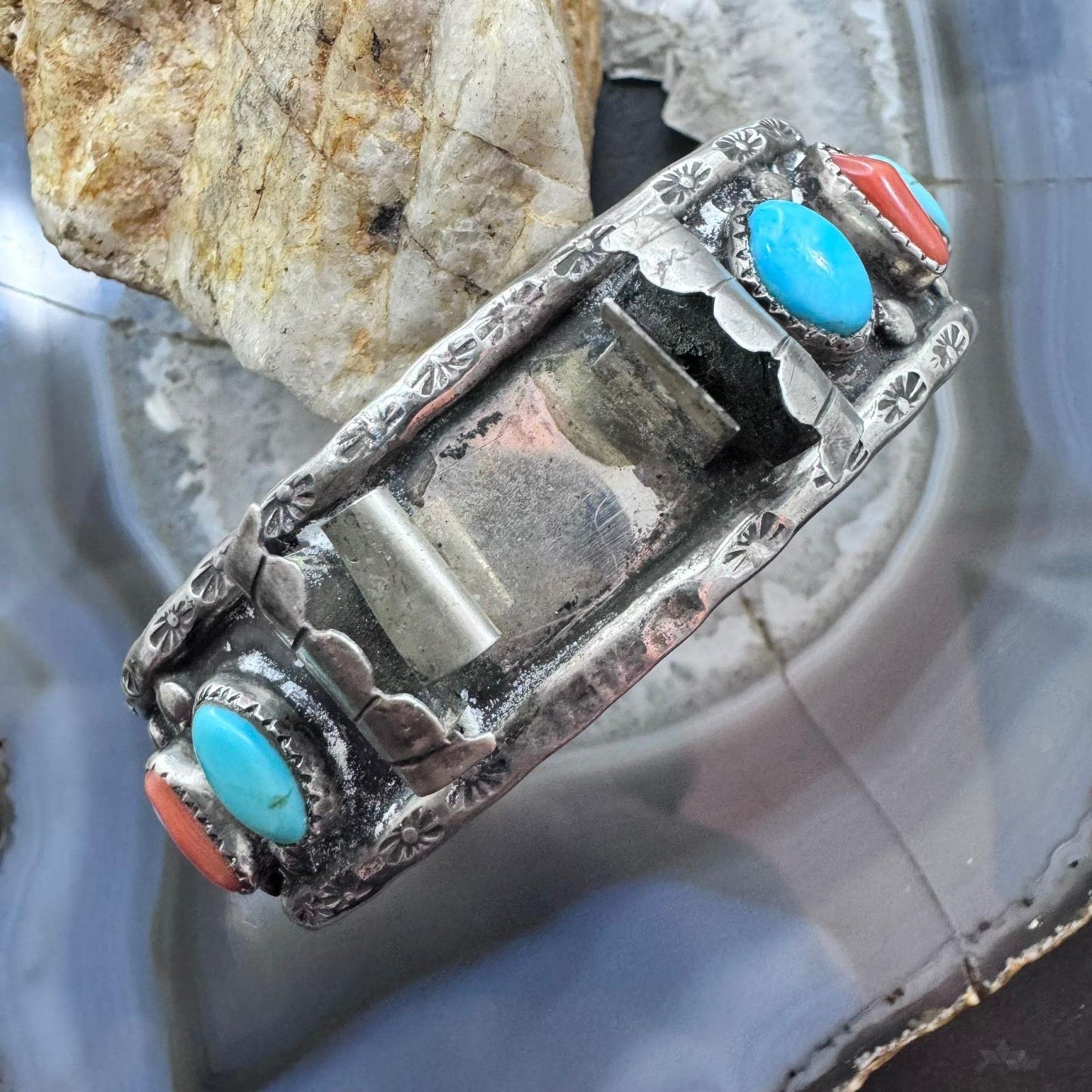 Vintage Signed Sterling Kingman Turquoise & Coral Decorated Watch Cuff For Women