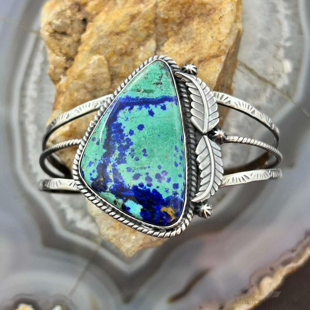 Sterling Silver Southwestern Style Large Triangle Azurite Decorated Bracelet For Women