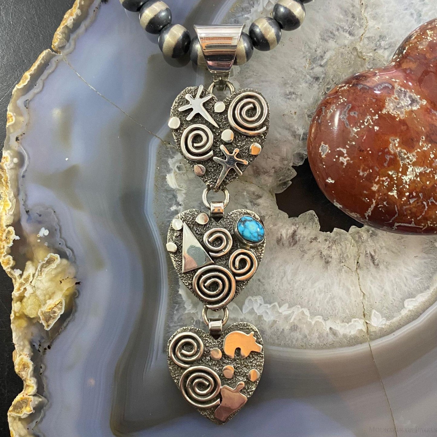 Alex Sanchez Native American Sterling Silver Triple Petroglyph Heart w/Turquoise Pendant For Women