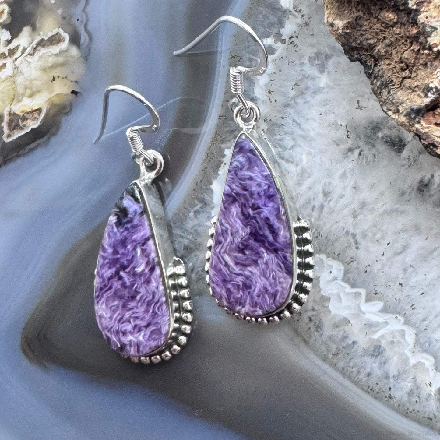 Sterling Silver Southwestern Style Teardrop Charoite Decorated Dangle Earrings For Women