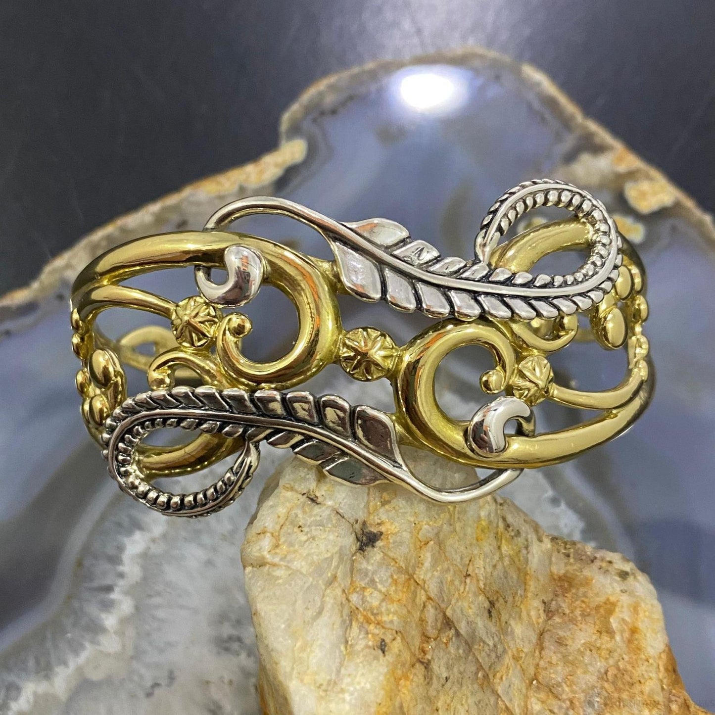 Carolyn Pollack Vintage Sterling Silver & Brass Floral Design Bracelet For Women