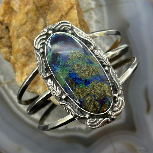 Sterling Silver Southwestern Style Large Oval Azurite Malachite Bracelet For Women