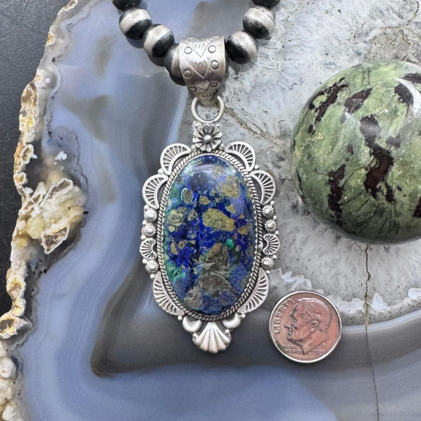 Sterling Silver Southwestern Style Elongated Oval Chrysocolla Decorated Pendant For Women