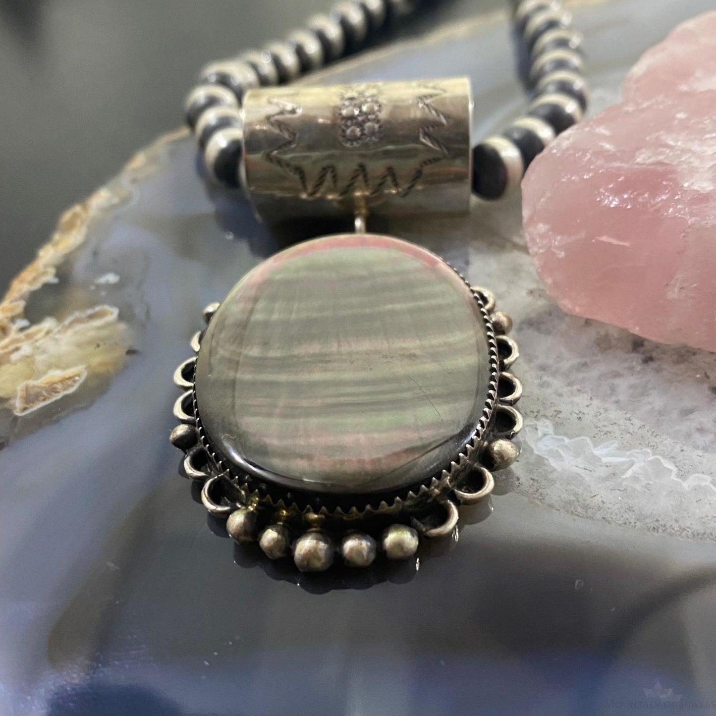 Juan Guerro Native American Sterling Silver Large Mother of Pearl Pendant