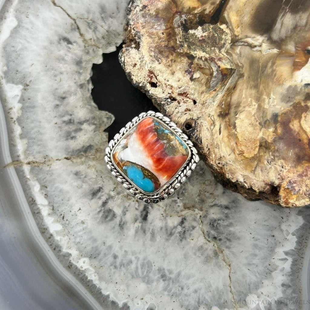 Sterling Silver Southwestern Style Square Spiny Oyster Turquoise Ring Size 6.75 For Women