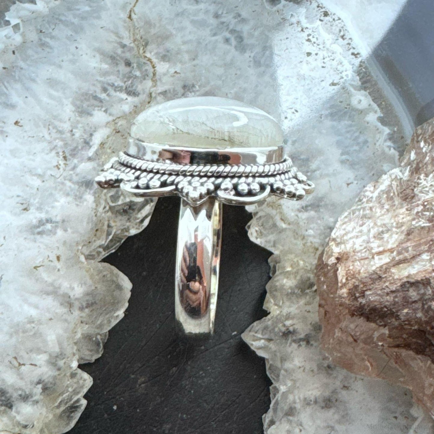 Sterling Silver Southwestern Style Oval Moonstone Decorated Ring Size 9 For Women