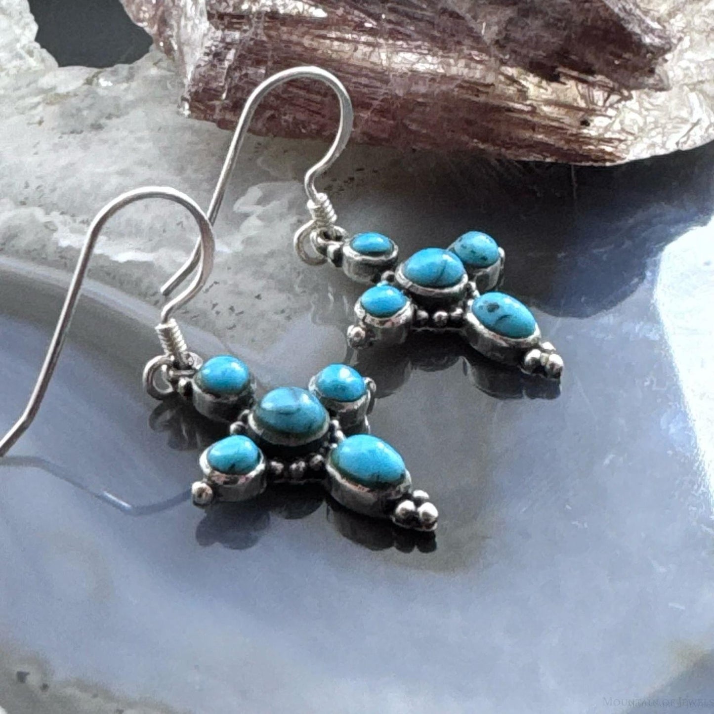Sterling Silver Southwestern Style Turquoise Cross Dangle Earrings For Women