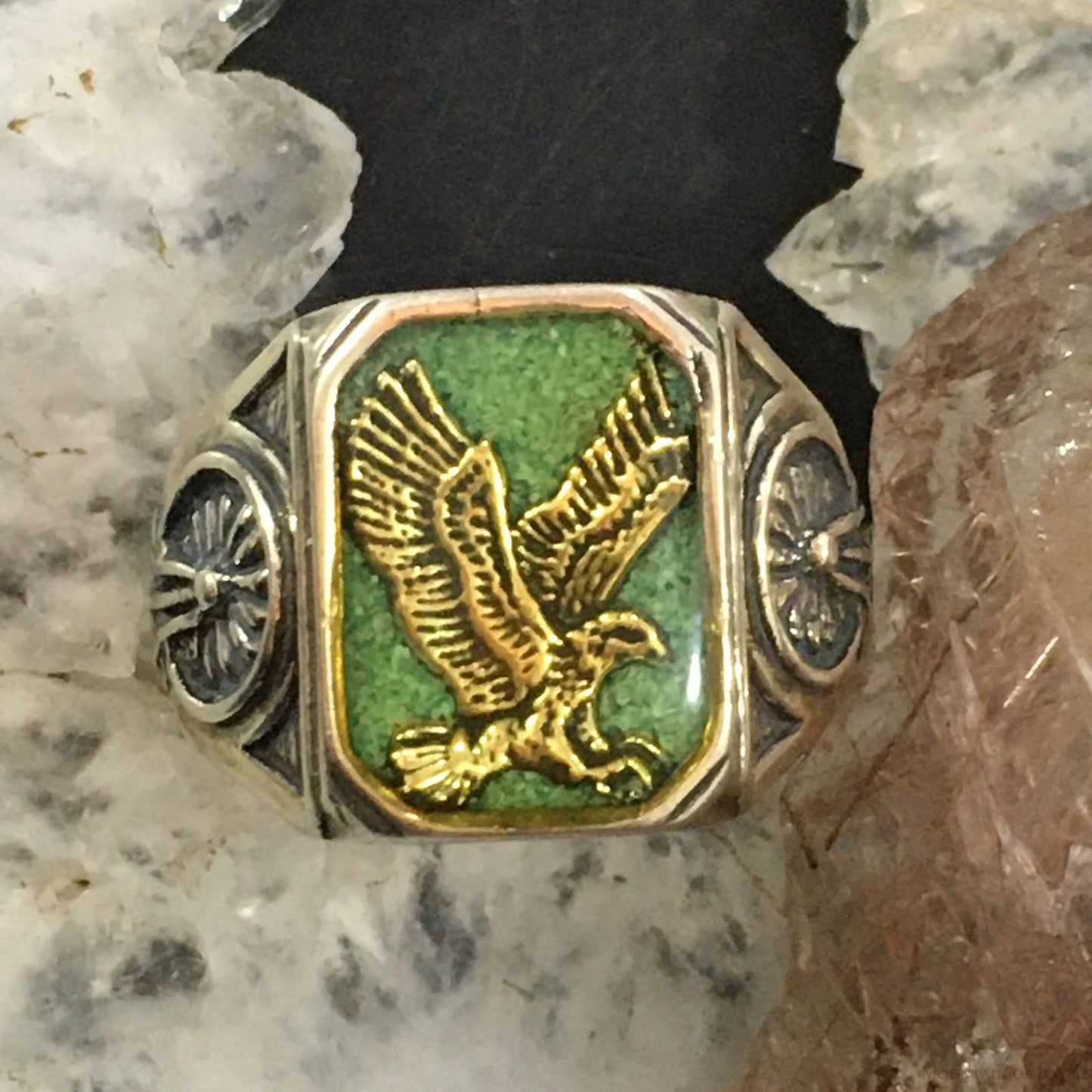 Carolyn Pollack Southwestern Style Sterling Silver Green Turquoise Chip Inlay Eagle Ring For Men