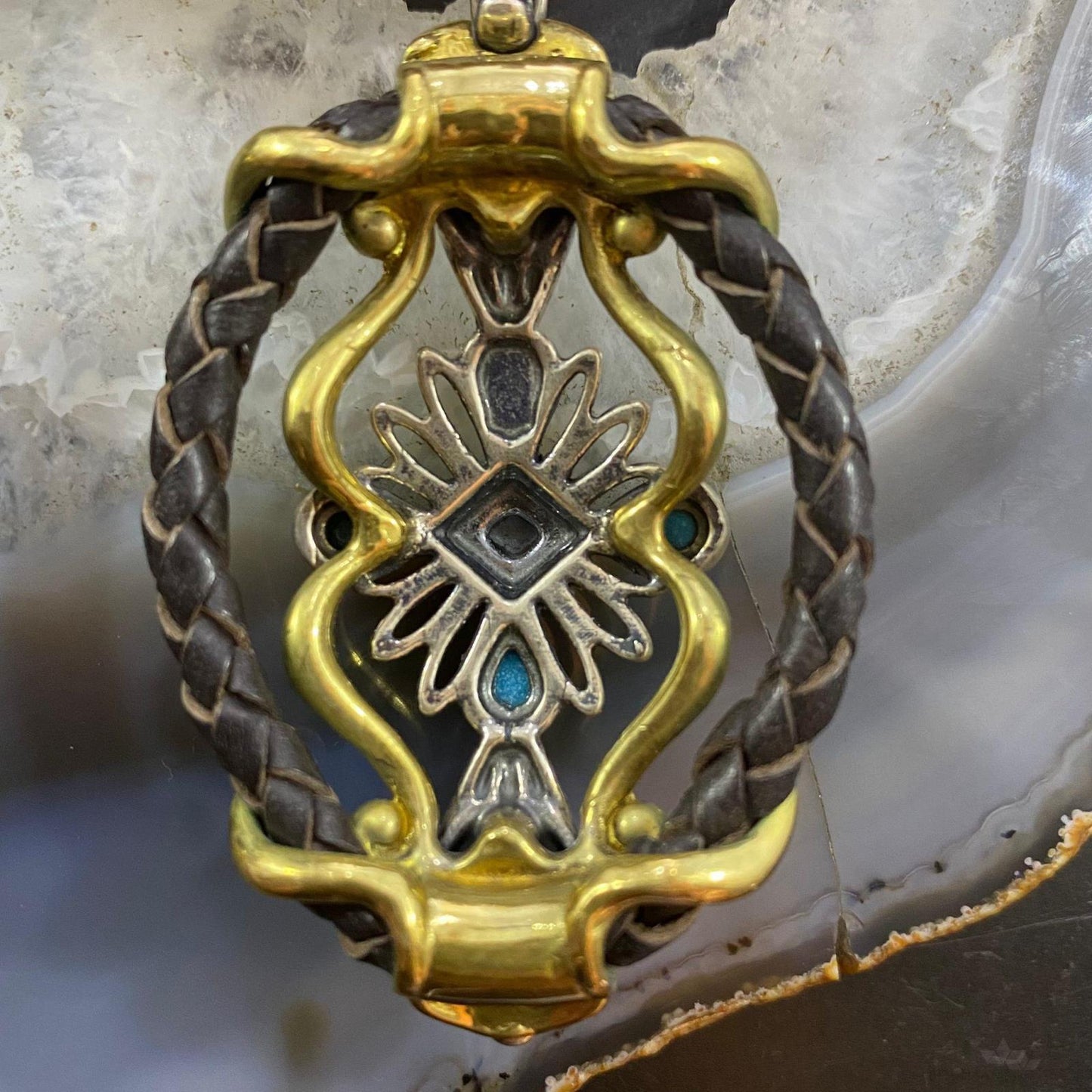 Carolyn Pollack Southwestern Style Sterling Silver/Brass/Leather Multi-gemstone Decorated Pendant For Women