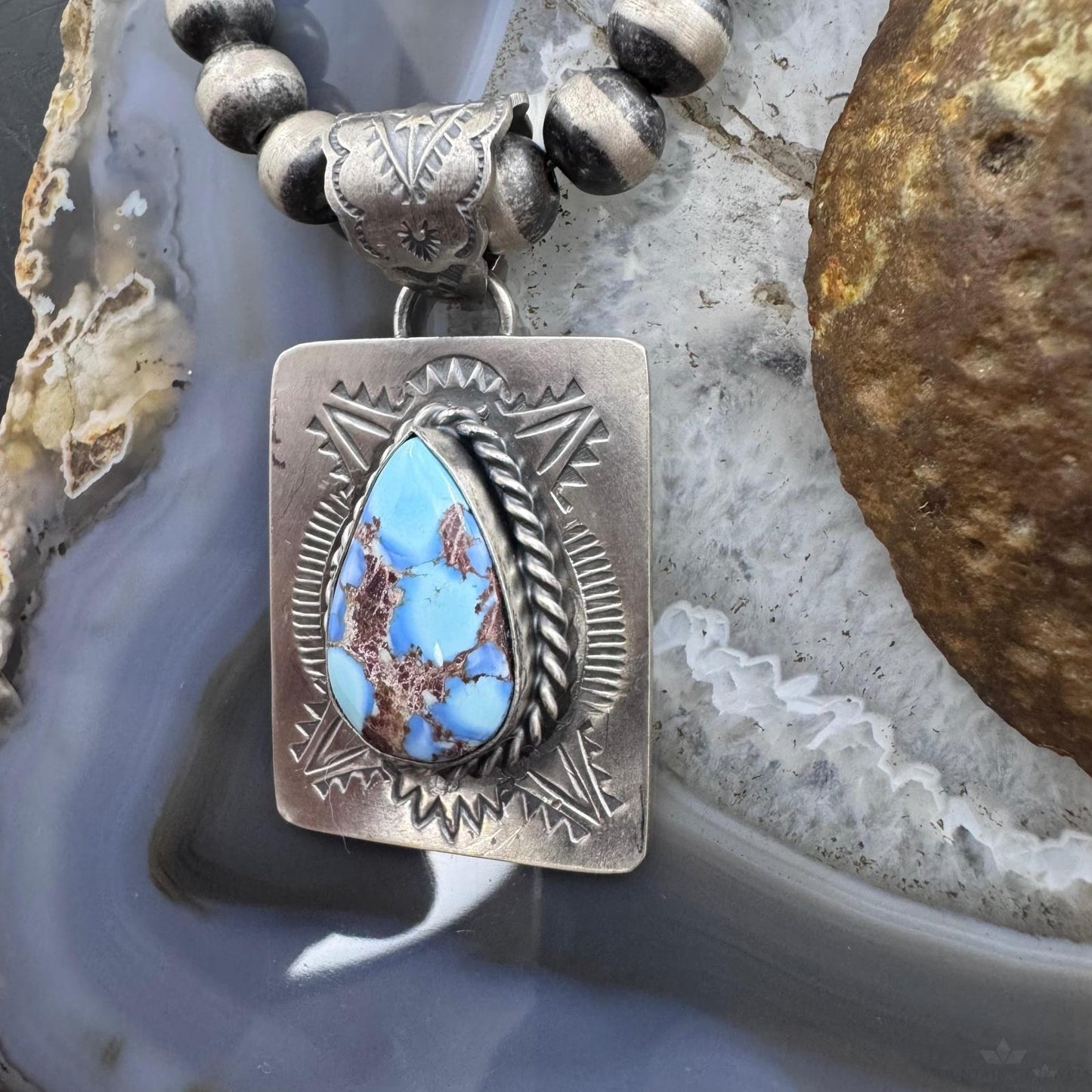 Native American Sterling Silver Teardrop Golden Hill Turquoise Decorated Pendant
