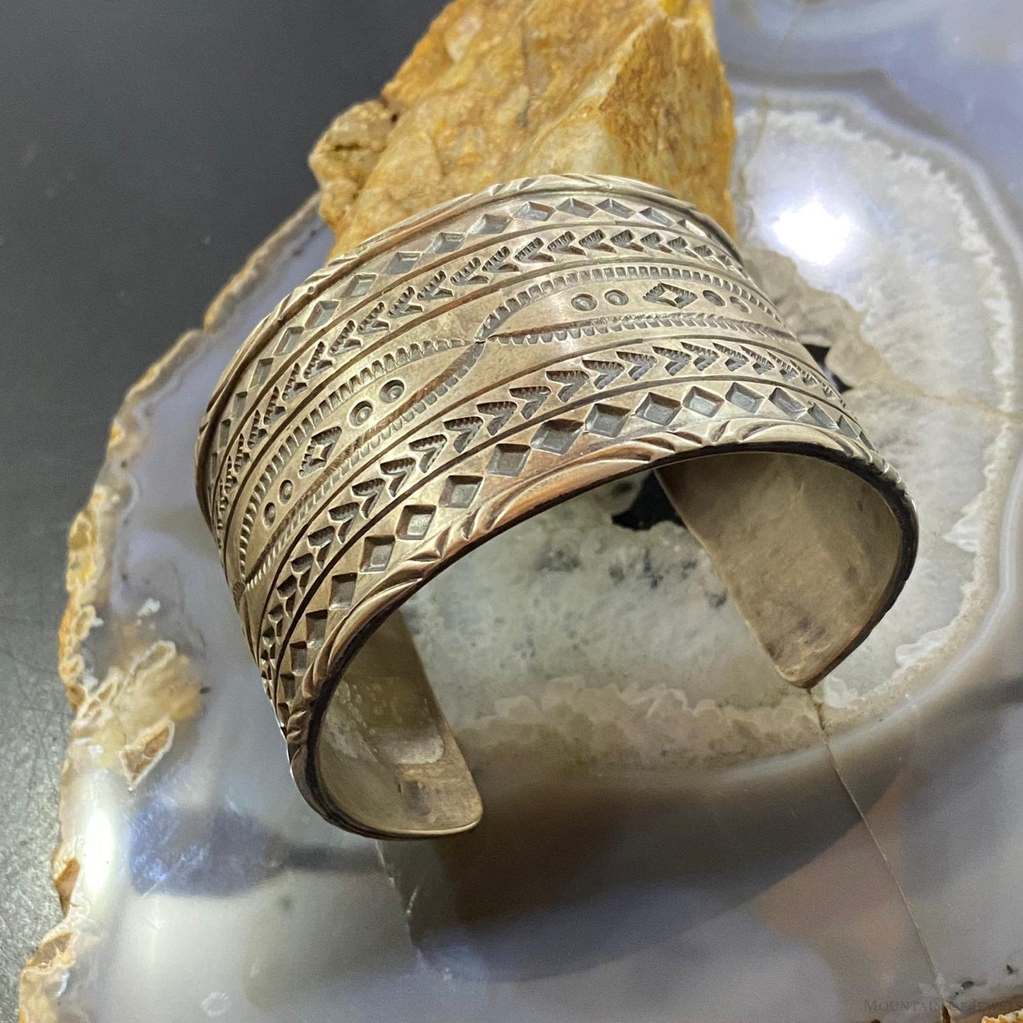 Tawney Cruz-Willie Native American Sterling Silver Wide Stamped Bracelet For Women #1