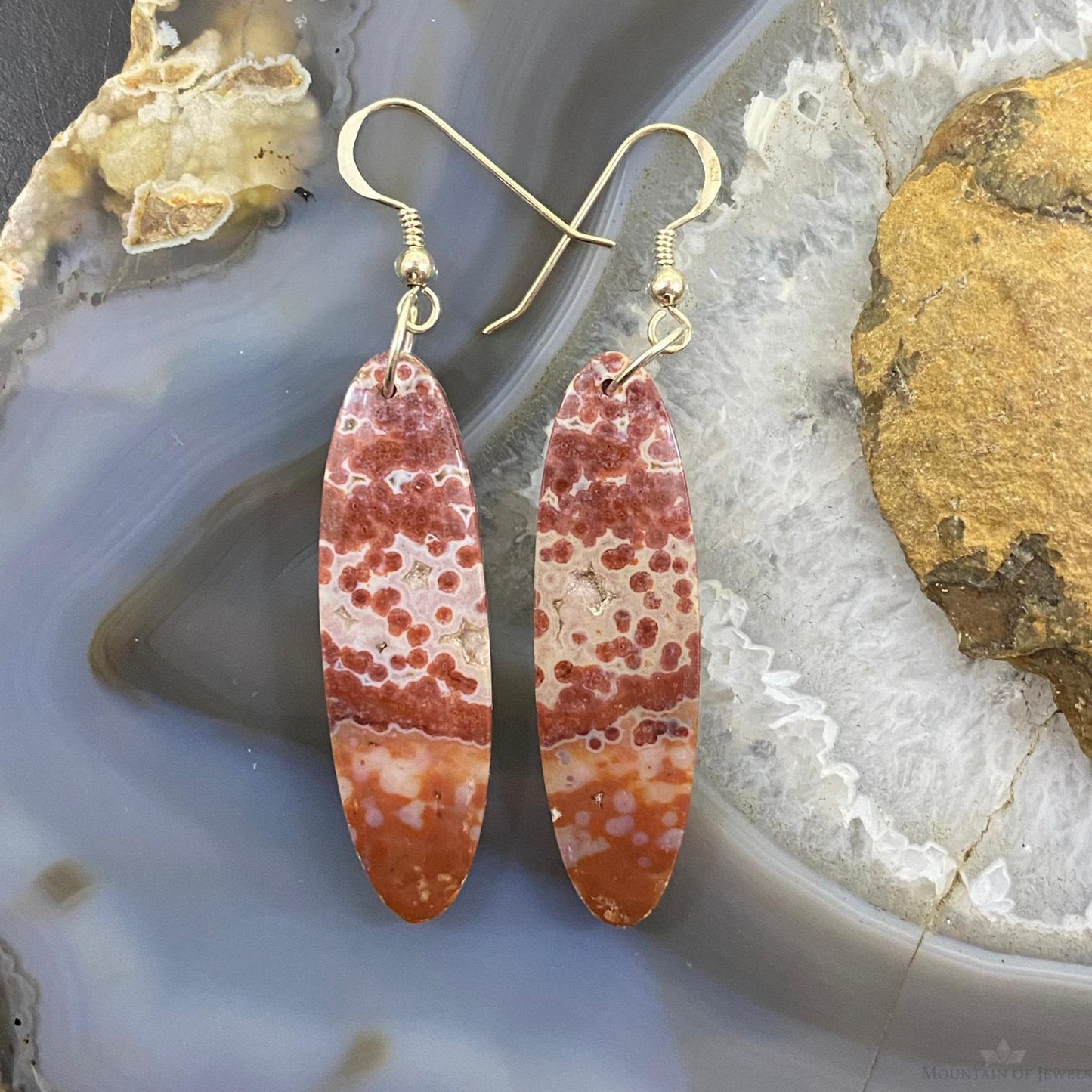 Sterling Silver Oval Red Jasper Slab Dangle Earrings For Women #088