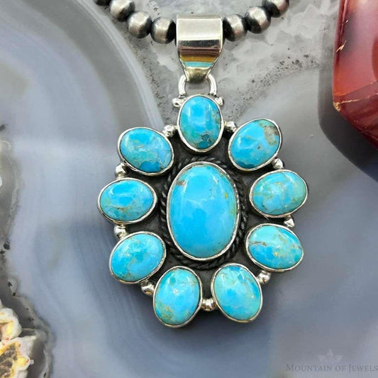 Sterling Silver Southwestern Style Mohave Turquoise Cluster Pendant For Women