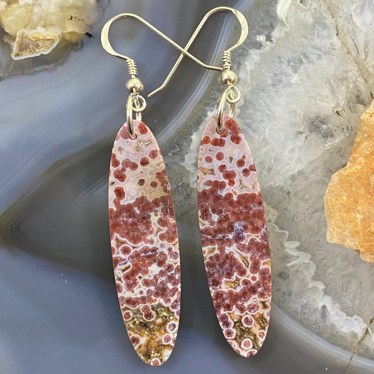 Sterling Silver Oval Red Jasper Slab Dangle Earrings For Women #087