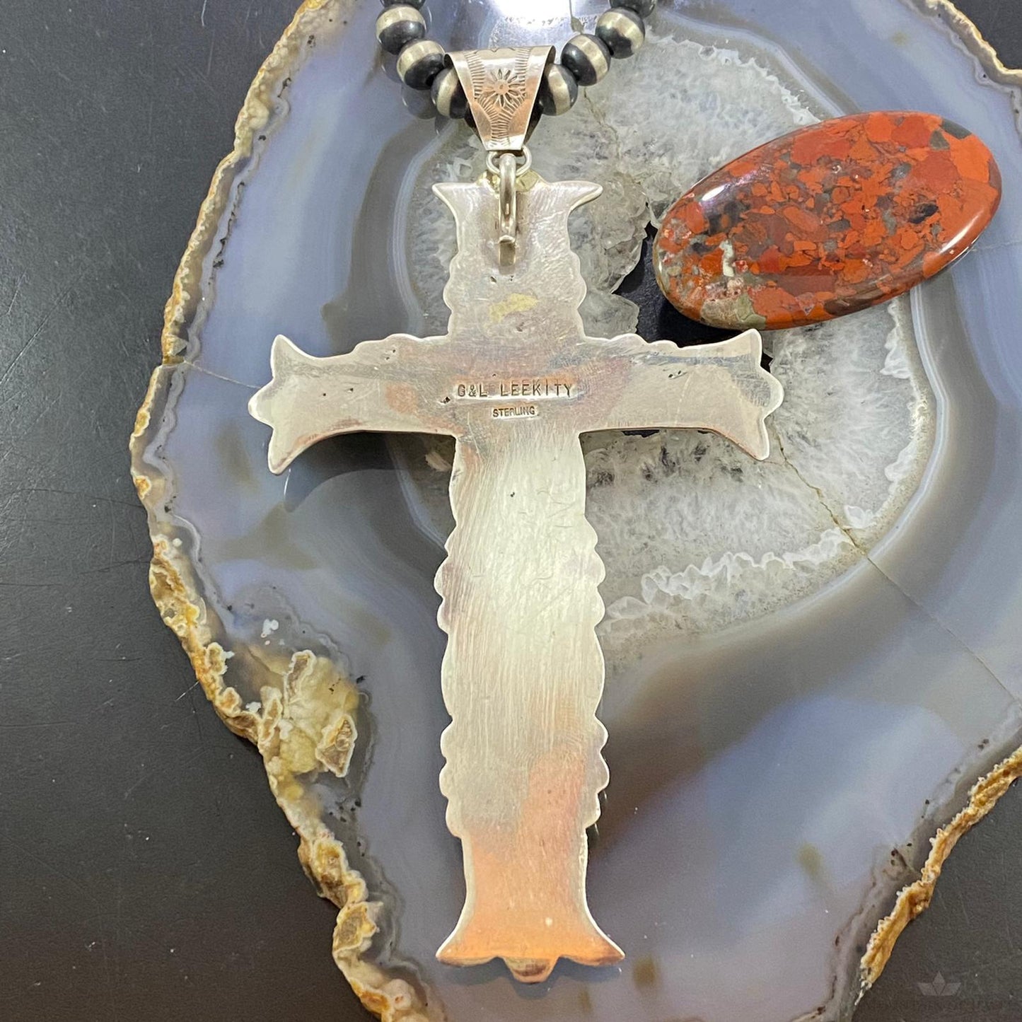 G & L Leekity Vintage Sterling Silver Sandcast Malachite Unisex Cross Pendant