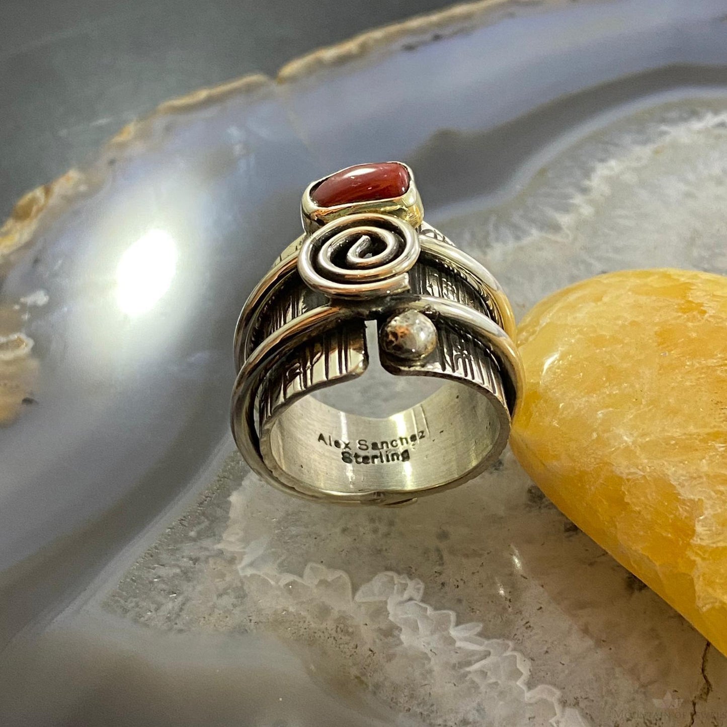 Alex Sanchez Sterling Silver Coral Unique Petroglyph Band Ring Sz 8.75 For Women
