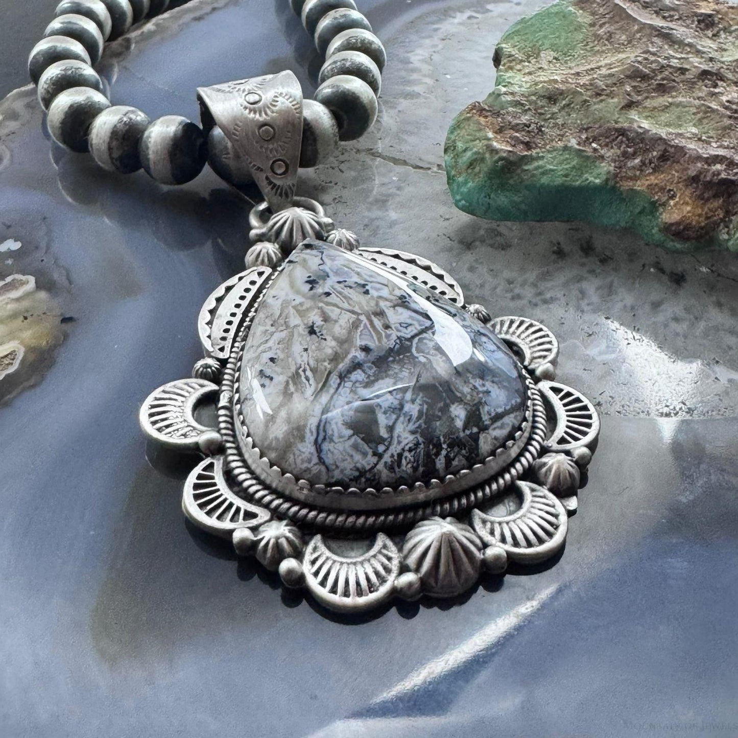 Sterling Silver Southwestern Style Wide Teardrop Dendritic Agate Decorated Pendant For Women