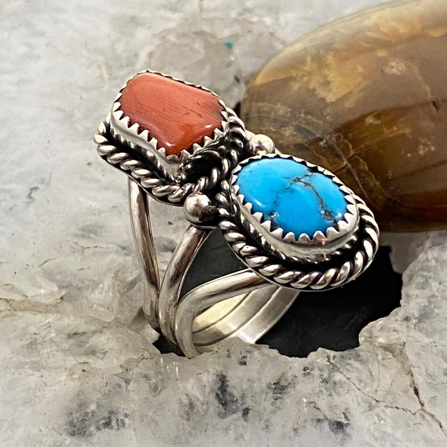 Native American Sterling Silver Turquoise & Coral Ring Size 8.25 For Women