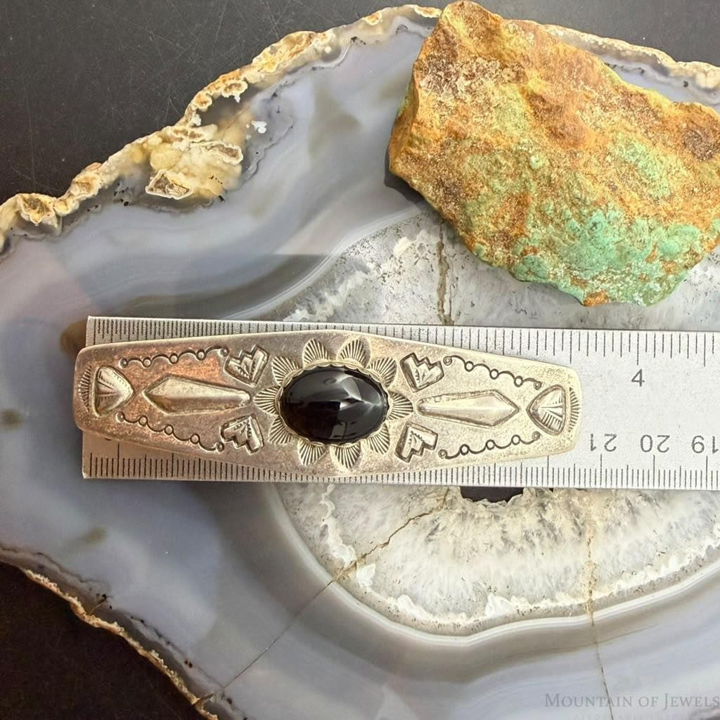 Signed Vintage Sterling Silver Native American Onyx Stamped Hair Barrette For Women