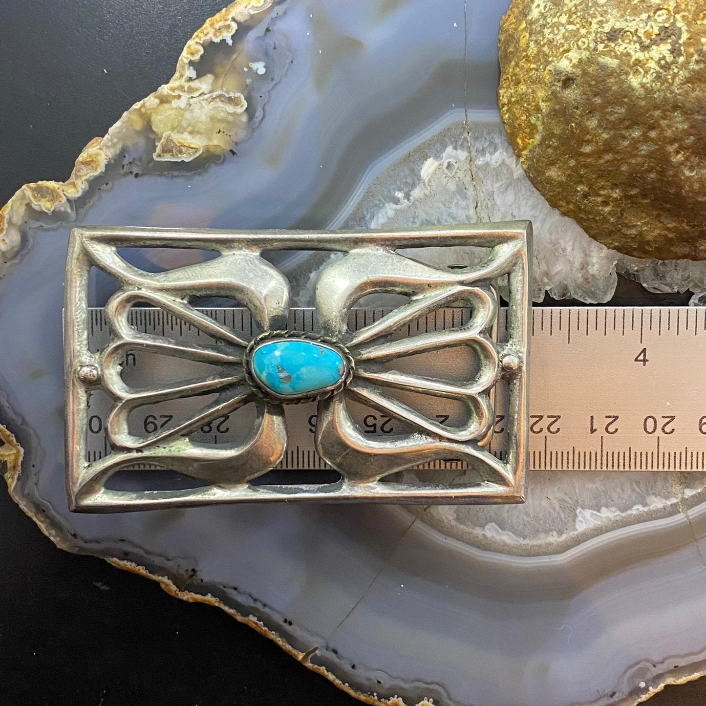 Signed Vintage Native American Silver Sandcast Kingman Turquoise Buckle For Men