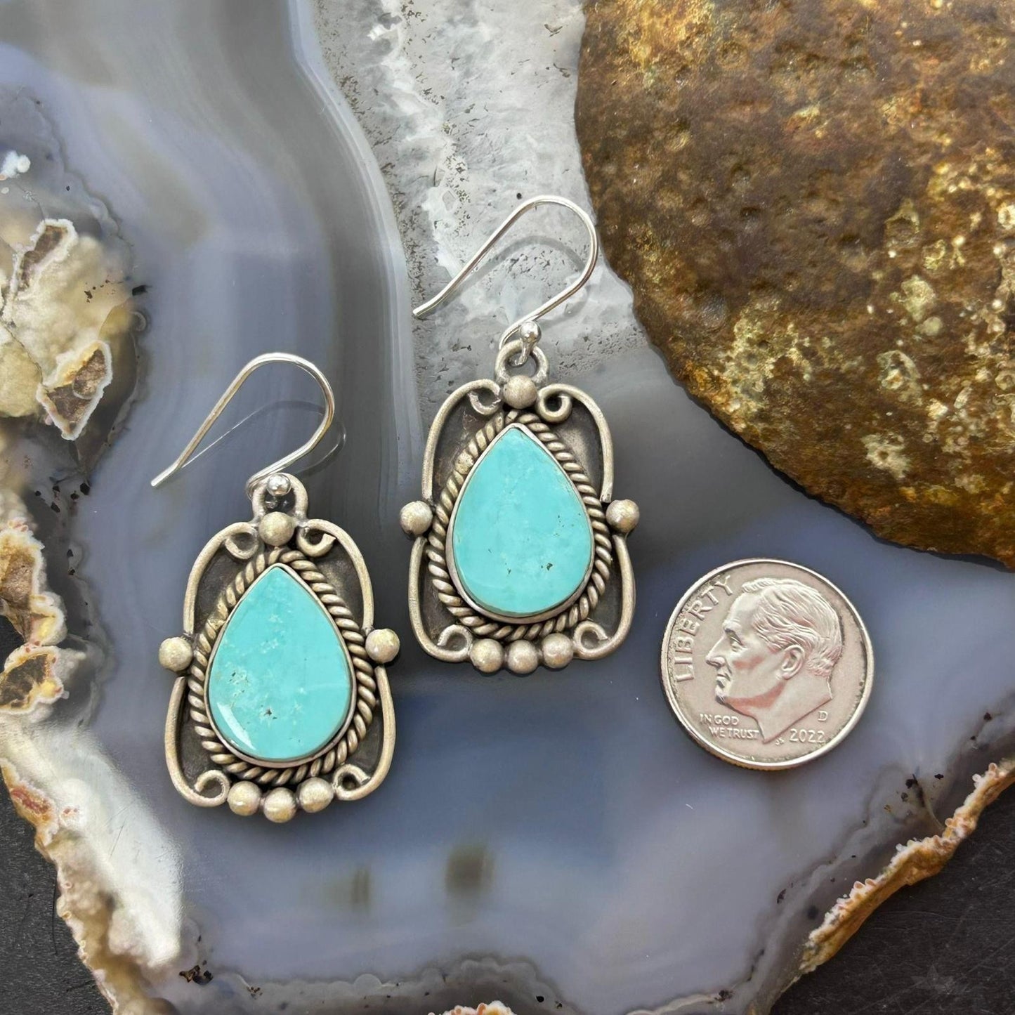 Sterling Silver Southwestern Style Turquoise Decorated Dangle Earrings For Women #4