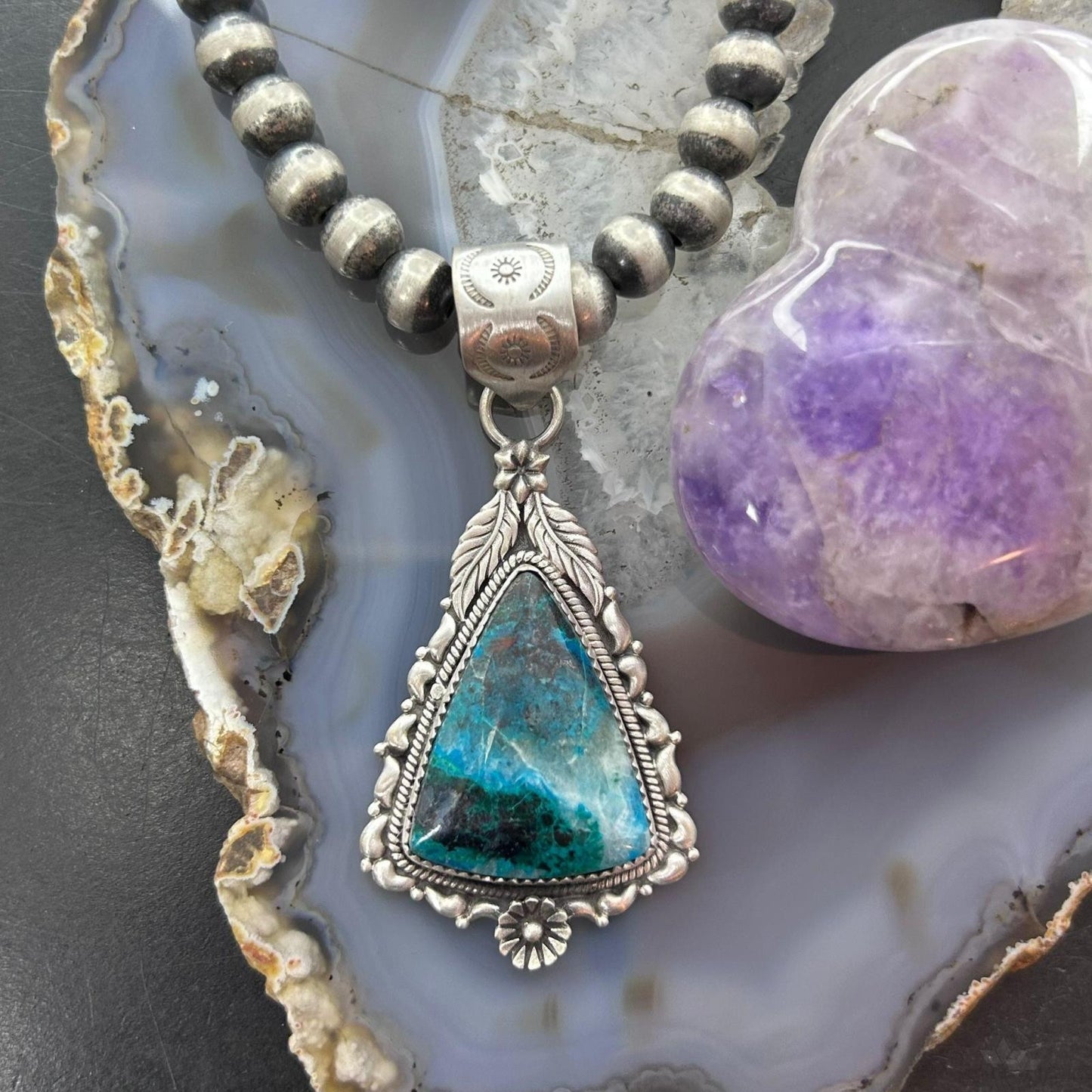 Sterling Silver Southwestern Style Triangle Shattuckite Pendant For Women