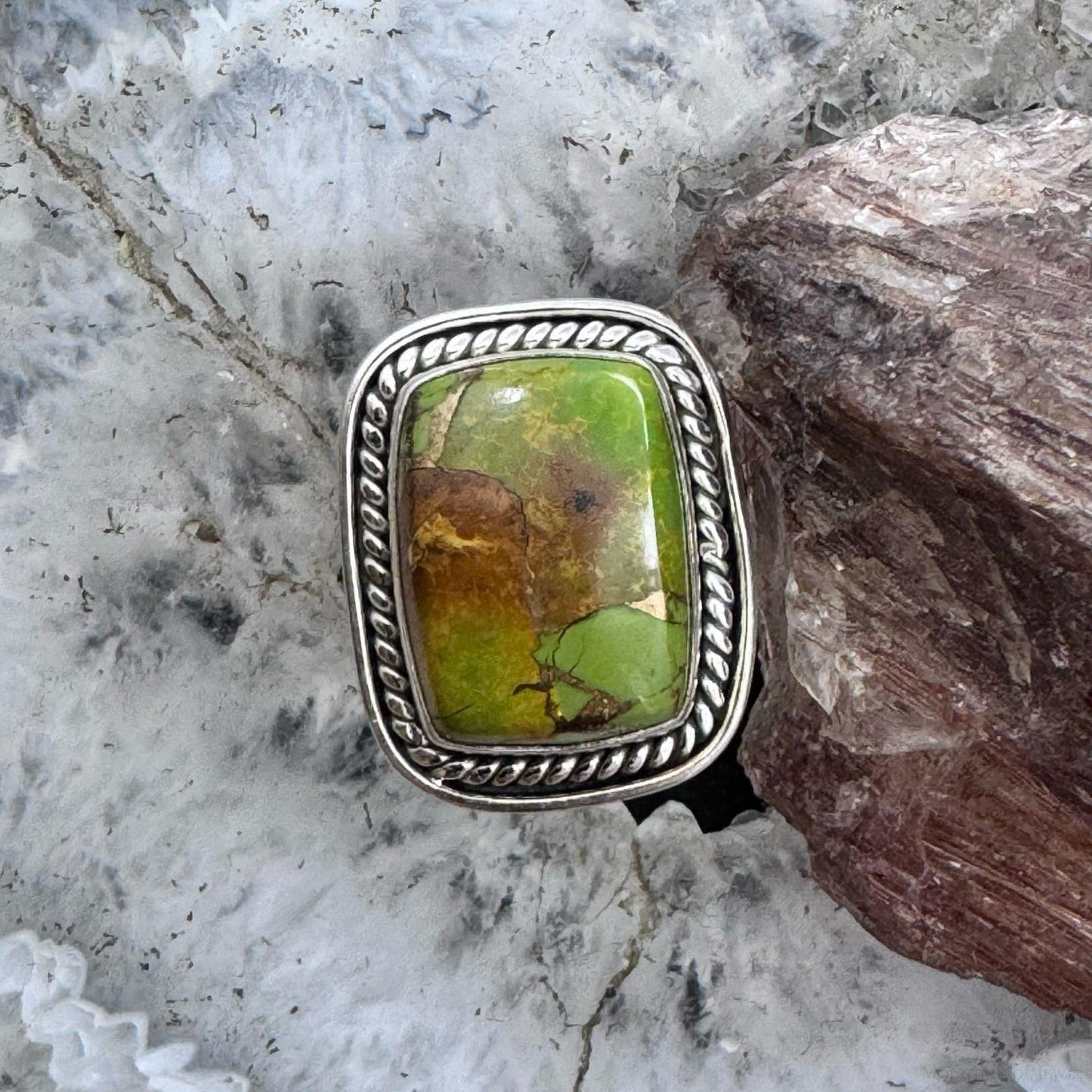 Sterling Southwestern Style Atlantisite & Green Copper Bar Ring Size 6.75 For Women