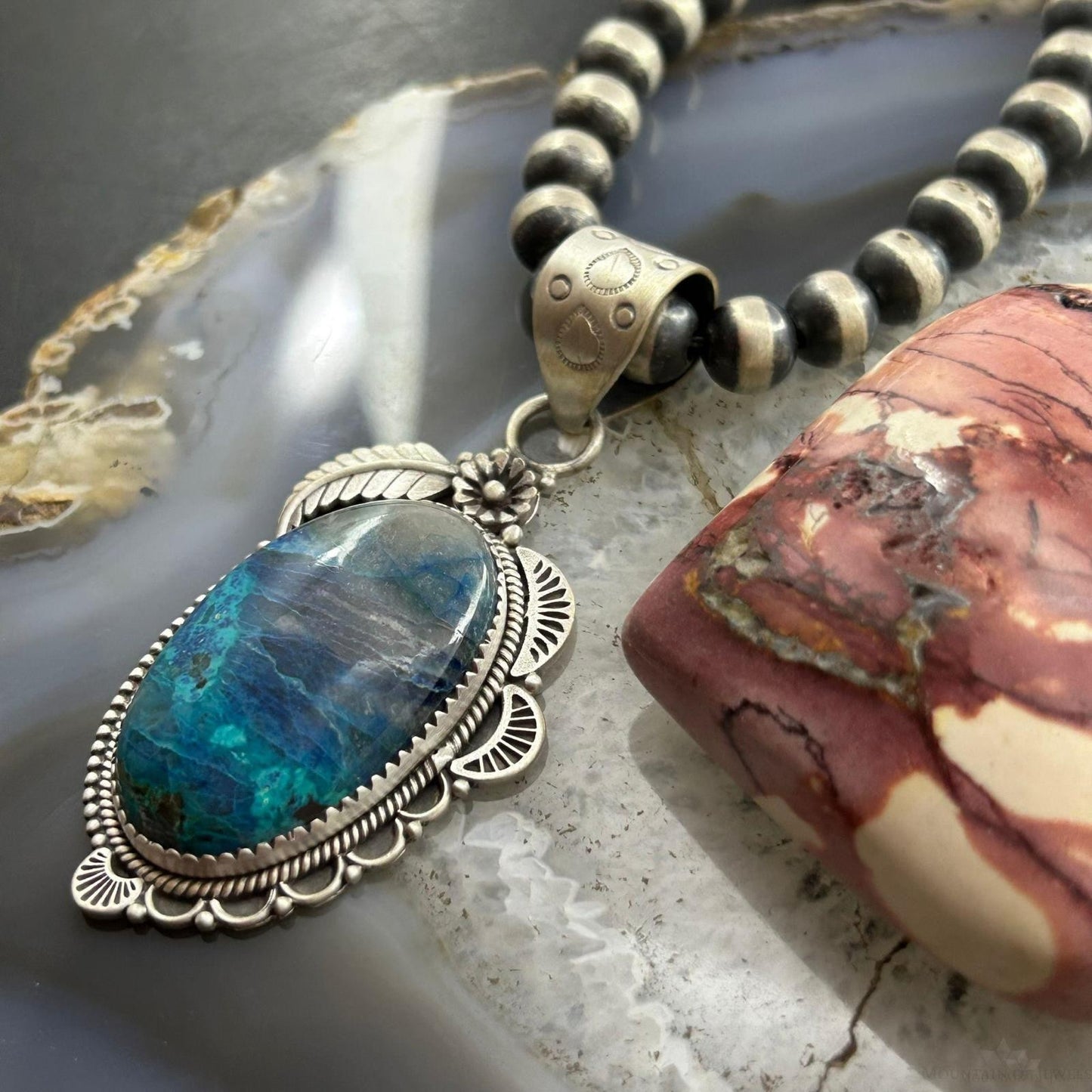 Sterling Silver Southwestern Style Elongated Shattuckite Decorated Pendant For Women