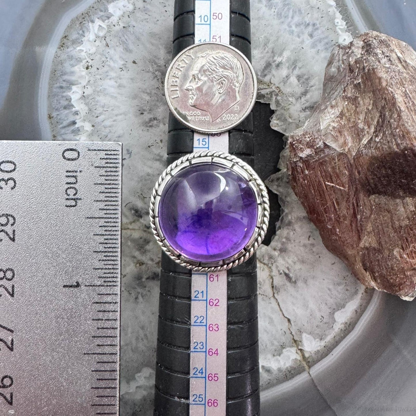 Sterling Silver Southwestern Style Round Amethyst Decorated Ring Size 8.75 For Women