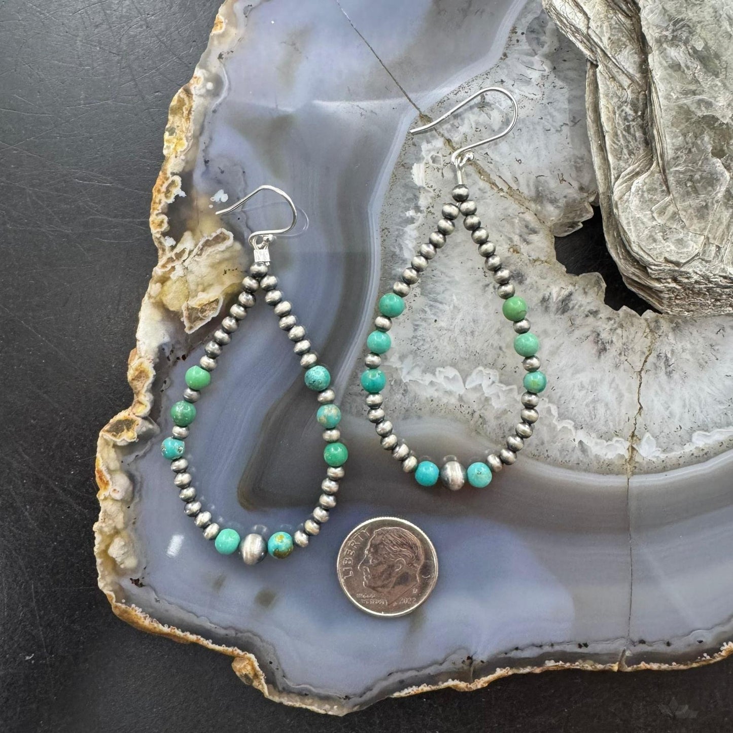 Sterling Silver 3-5mm Navajo Pearl Southwester Style & 4.5mm Turquoise Bead Hoop Earrings For Women