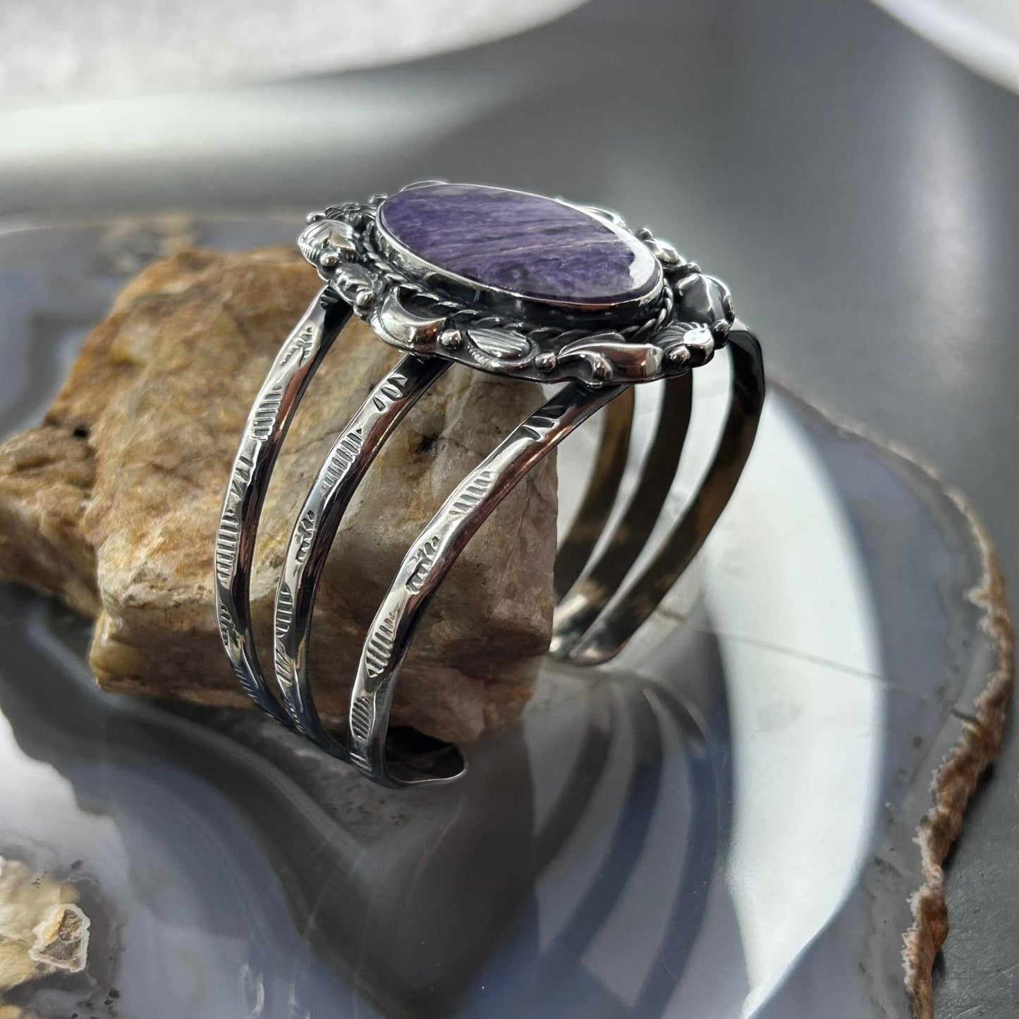 Sterling Silver Southwestern Style Large Oval Charoite Decorated Bracelet For Women