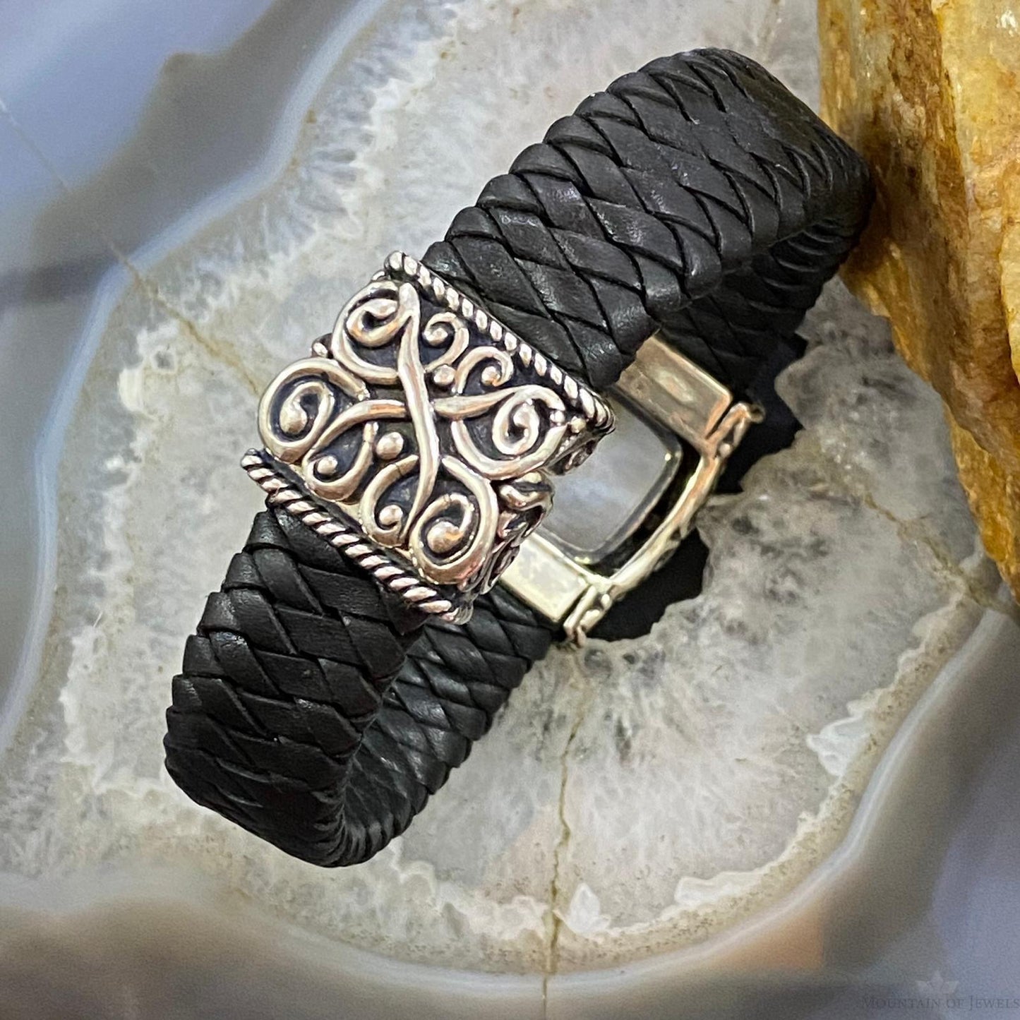 Carolyn Pollack Sterling Silver Gray Mother of Pearl Doublet Braided Leather Bracelet For Women