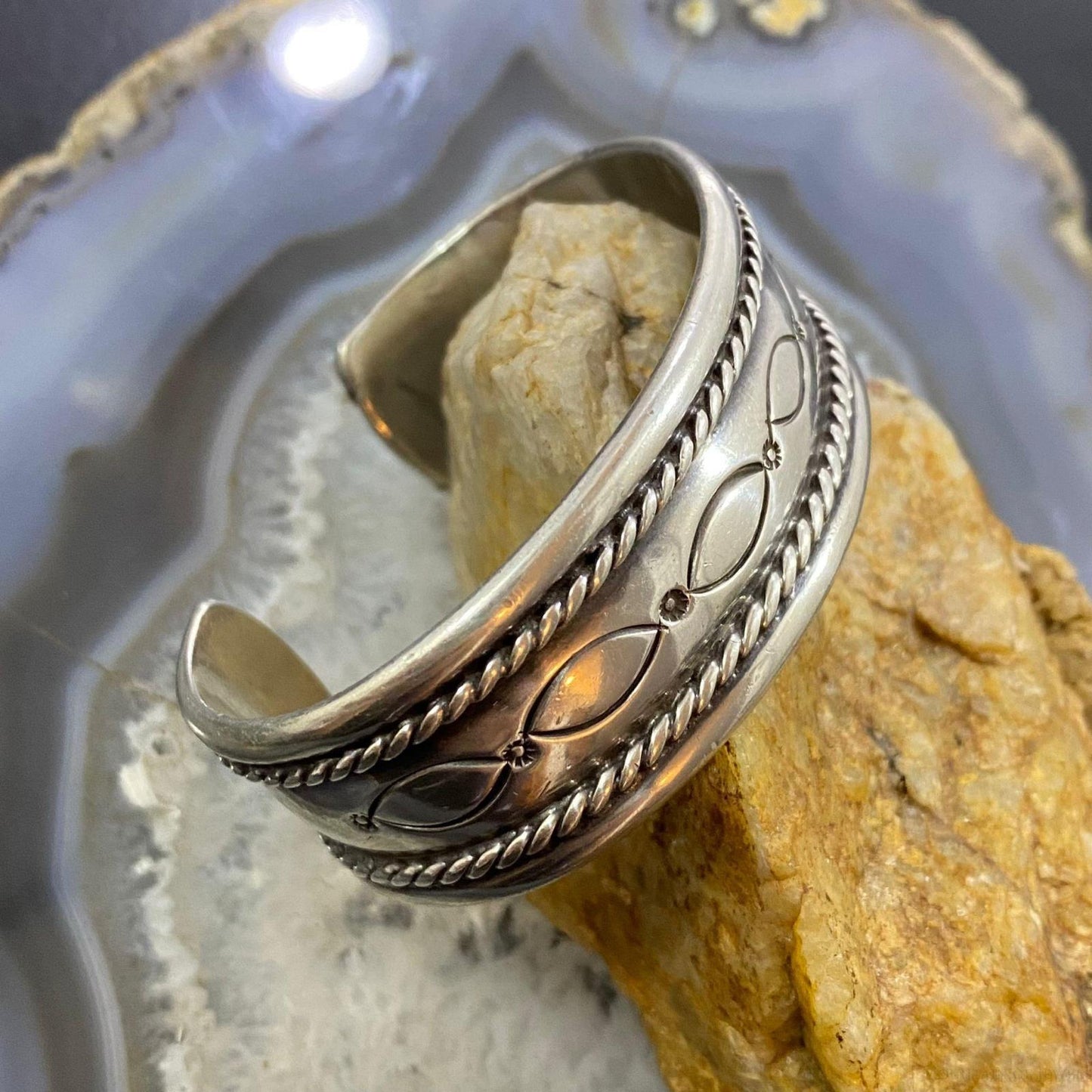 Vintage Native American Silver Stamped & Decorated Heavy Bracelet For Women