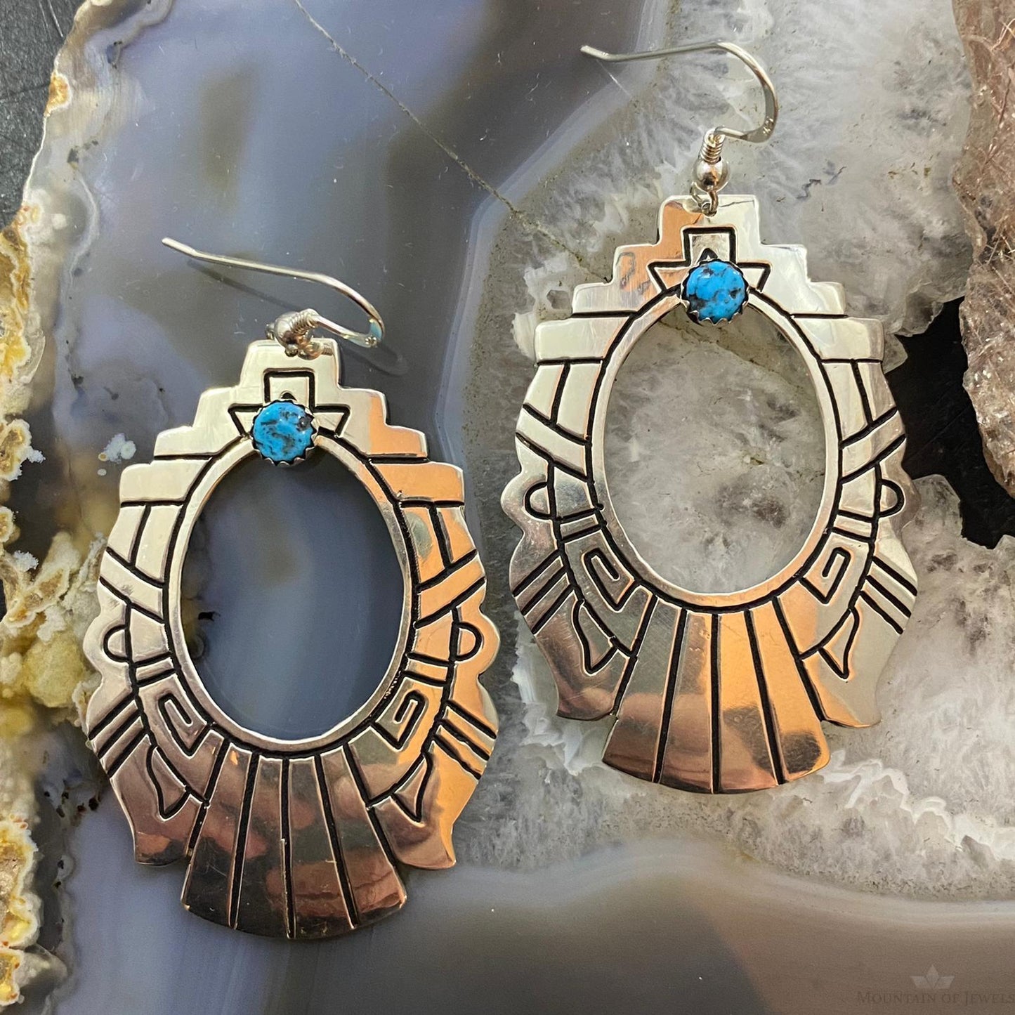 Tommy & Rosita Singer Sterling Turquoise Dot Stamped Dangle Earrings For Women
